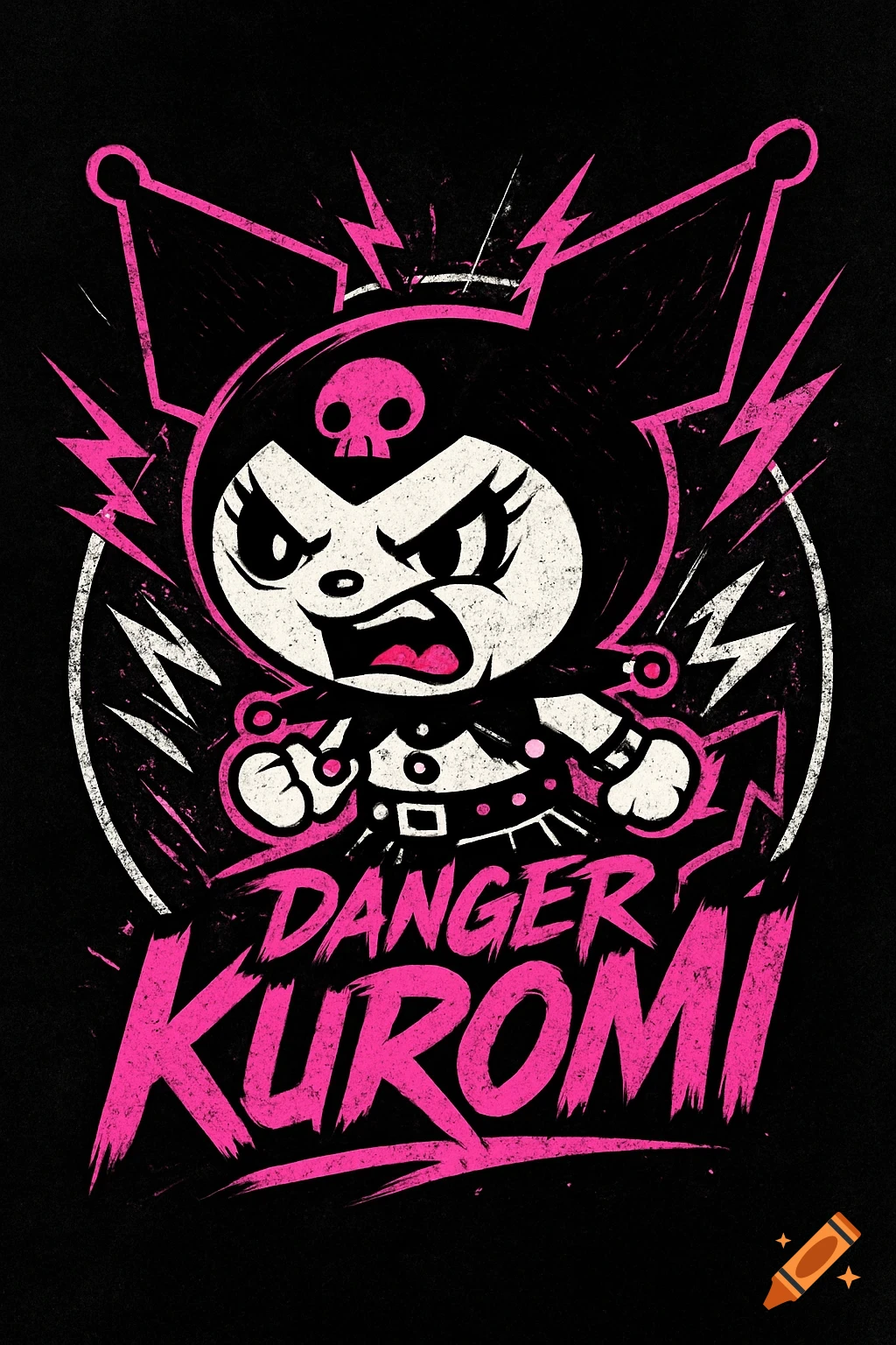 Angry Kuromi character in a distressed pink and white logo with lightning bolts and 'DANGER KUROMI' text on black.