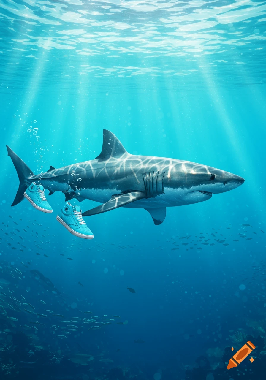 Photorealistic great white shark swimming underwater, wearing bright blue high-top sneakers, with sunlight and fish.