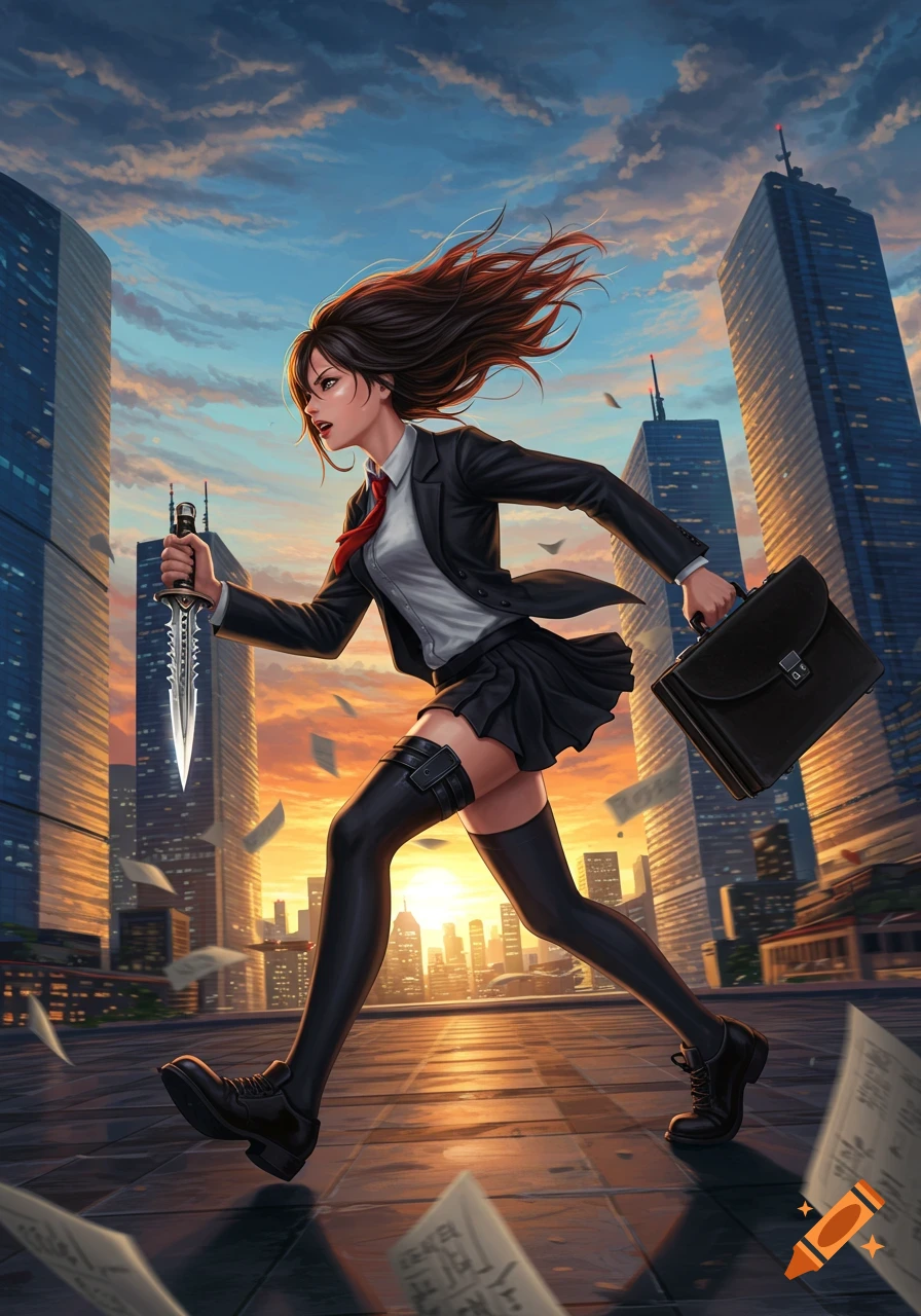 An anime-style girl running on a city rooftop at sunset, holding a dagger and a briefcase.