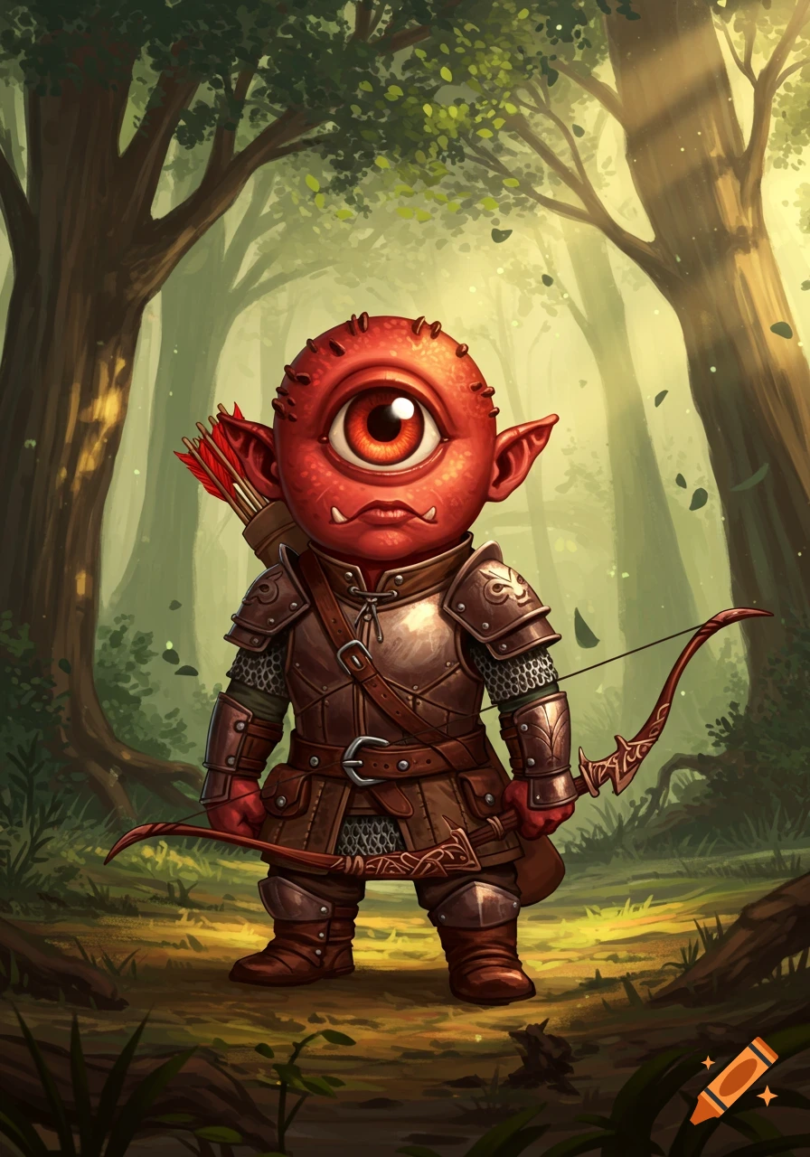 A cute red cyclops ranger with a bow and arrows stands in a sun-dappled forest, wearing leather armor.
