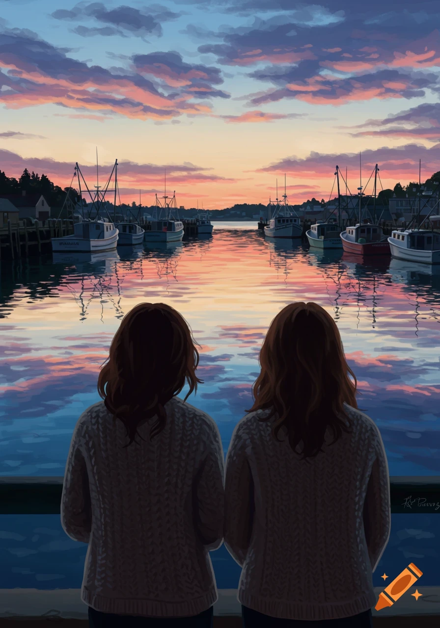 Two people stand with their backs to the viewer, looking at a harbor filled with fishing boats under a colorful sunset sky, in a painterly illustration style.