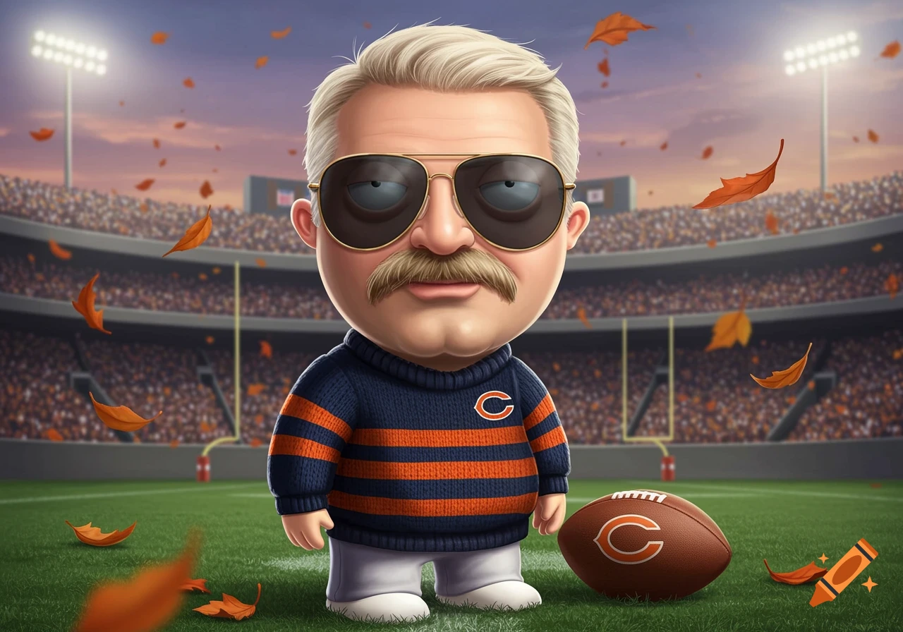 Cartoon character resembling Mike Ditka in a Chicago Bears sweater and sunglasses on a football field with a football and falling autumn leaves.