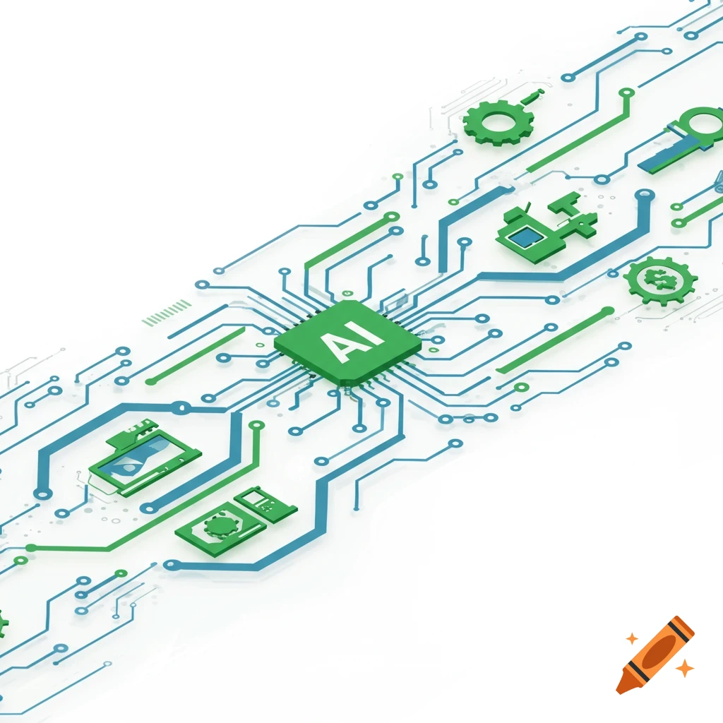 Isometric illustration of a green AI chip on a circuit board with blue and green lines connecting to stylized tech and financial icons.