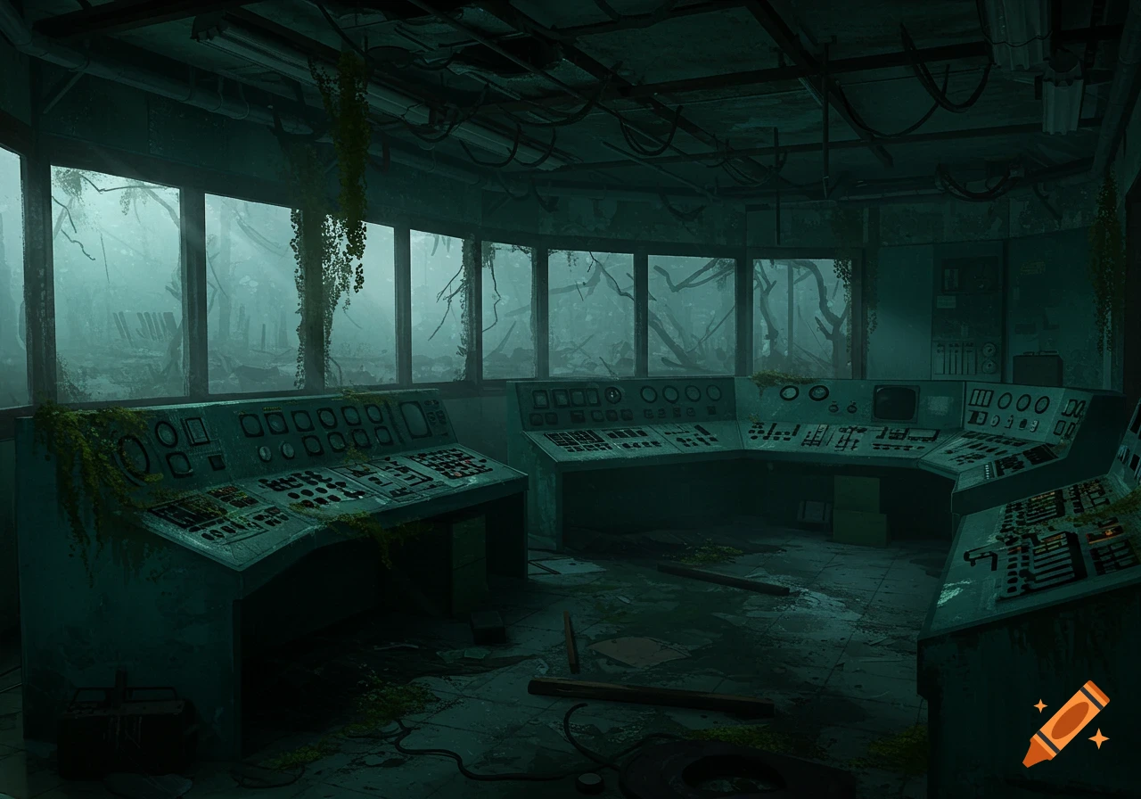 An abandoned, overgrown control room with multiple panels covered in moss, overlooking a misty, desolate landscape through large windows.