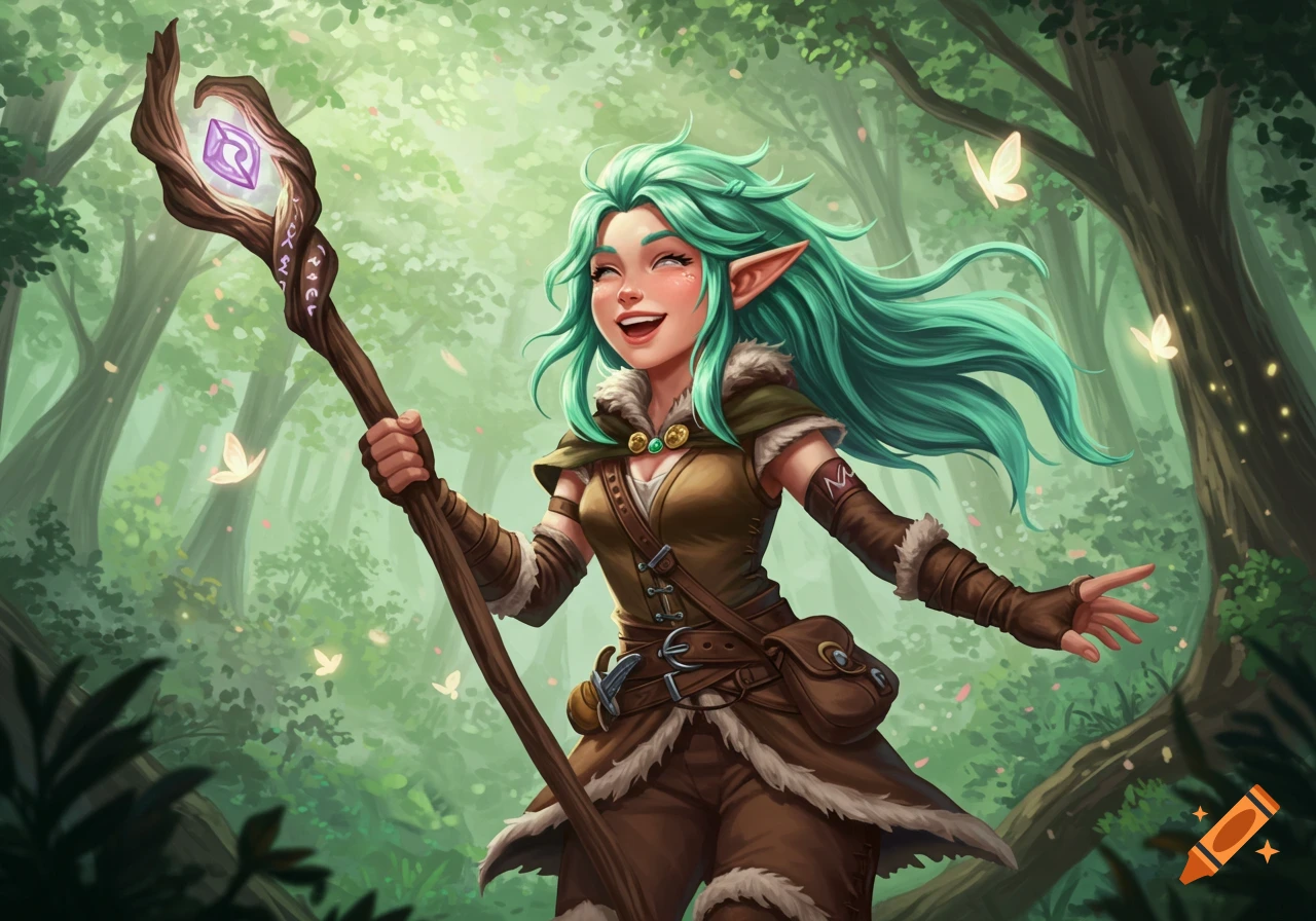 A cheerful female elf with long green hair holds a glowing staff in an enchanted forest with butterflies, digital illustration.