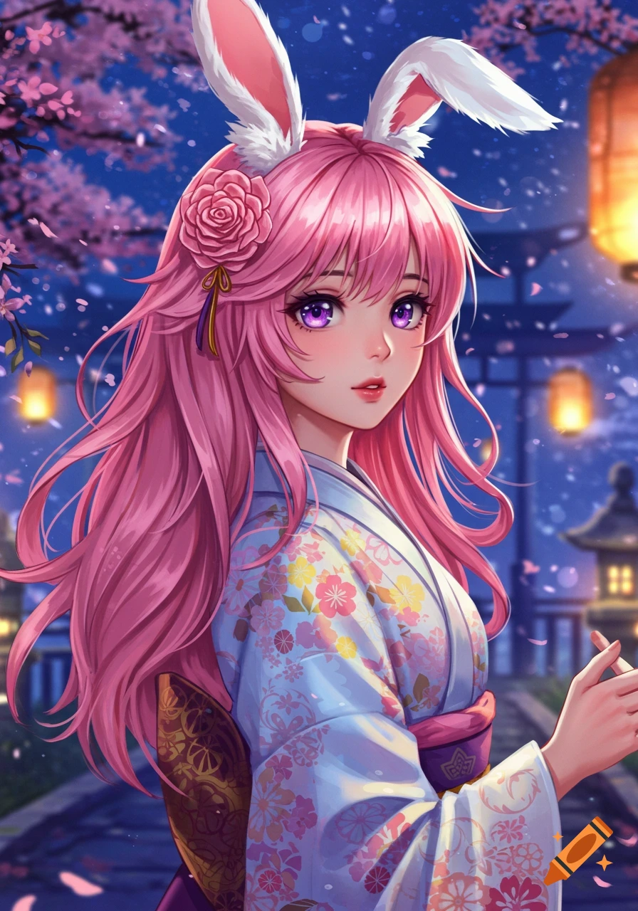 Anime girl with pink hair, purple eyes, and bunny ears, wearing a flowered kimono, under cherry blossoms at night.