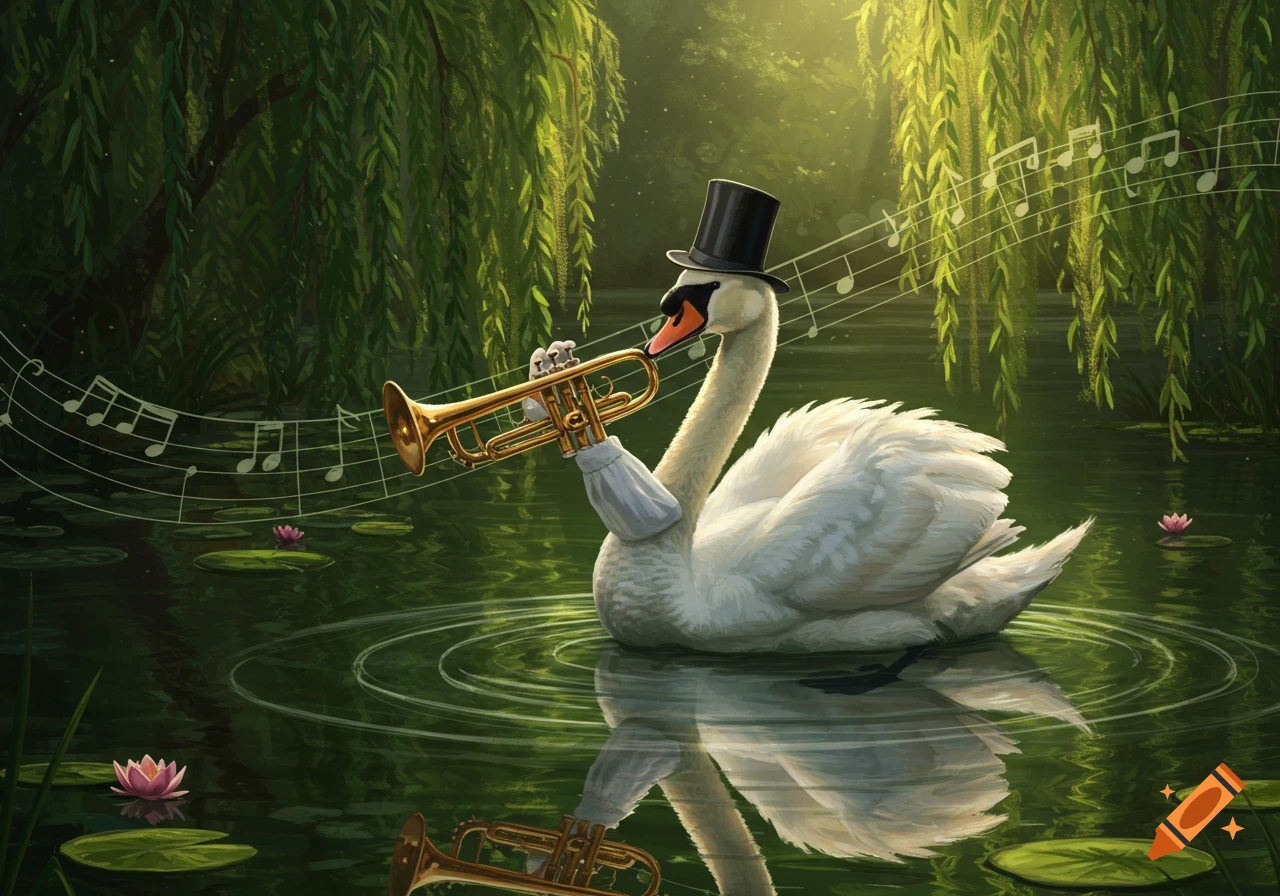A white swan in a top hat and a sleeve plays a golden trumpet while floating in a pond with lily pads under weeping willows.