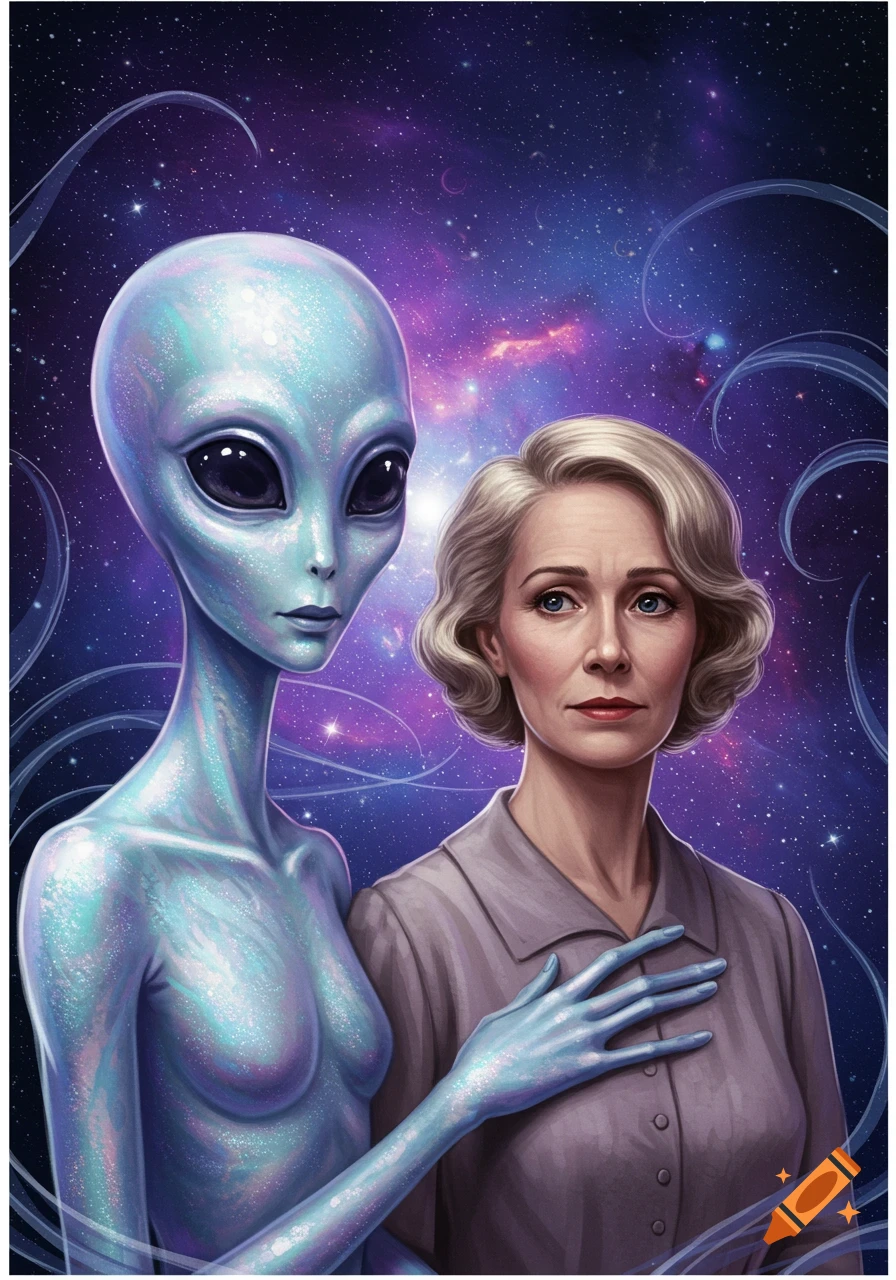 Betty Hill and a grey alien stand against a vibrant cosmic background in an illustrative style.