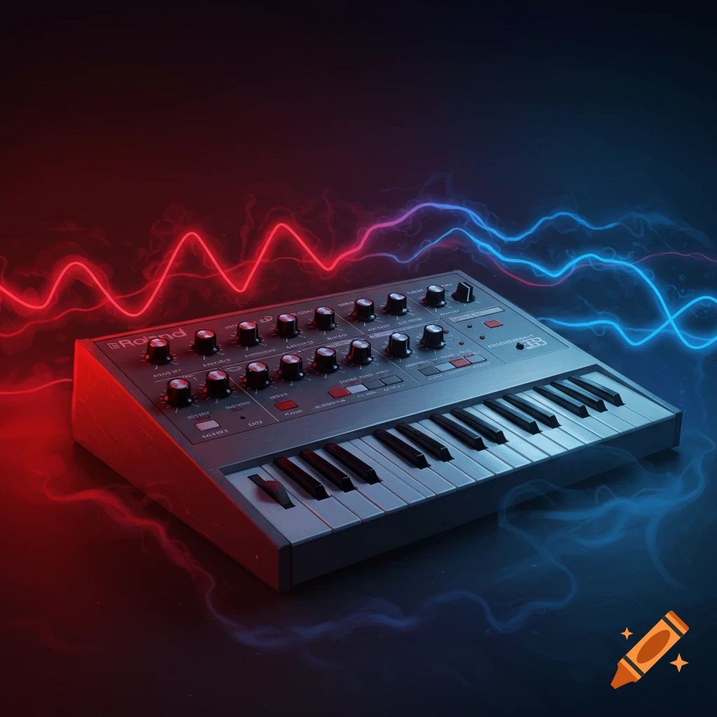 A modern synthesizer keyboard with many knobs, illuminated by glowing red and blue sound waves against a dark background.