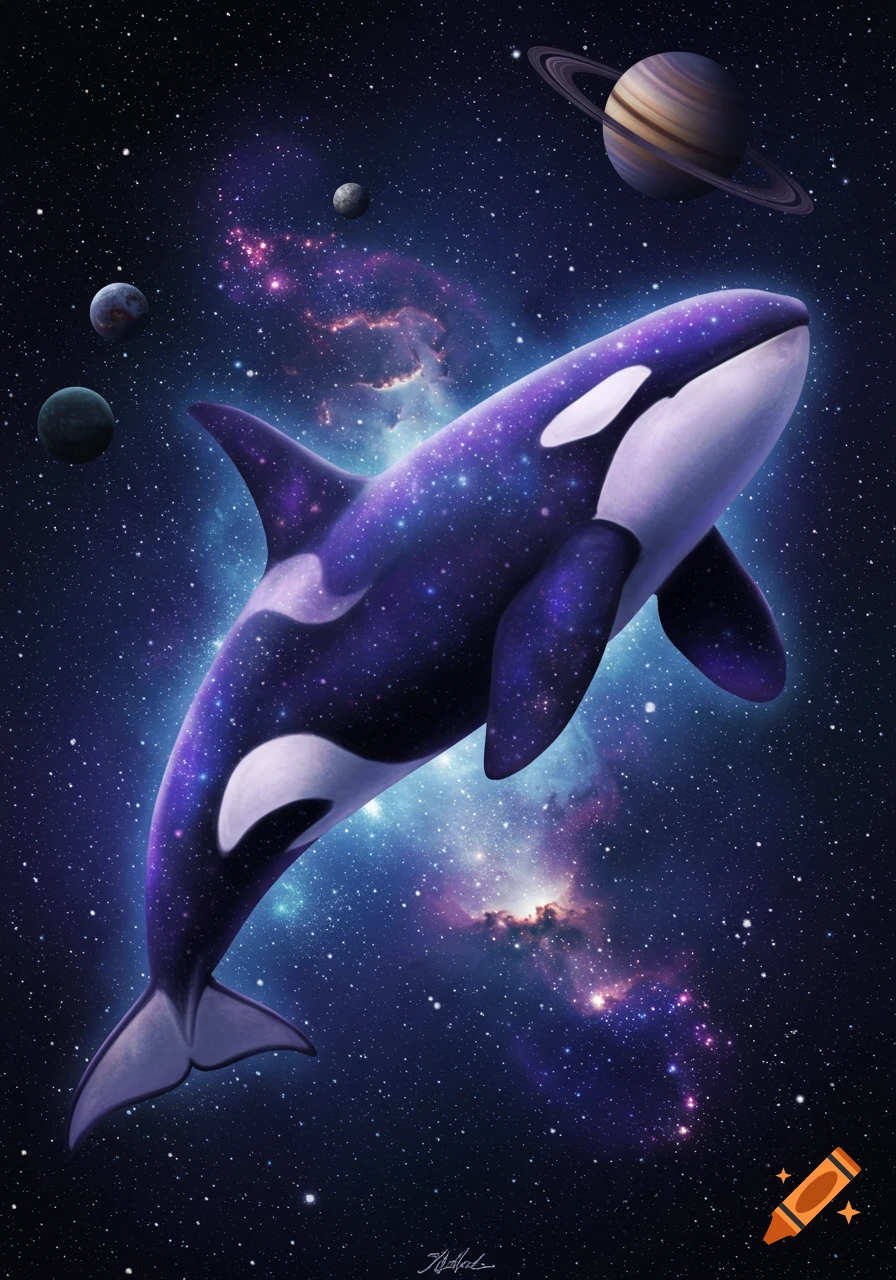 A majestic purple orca with sparkling skin swims through a vibrant galaxy filled with stars, nebulae, and planets.