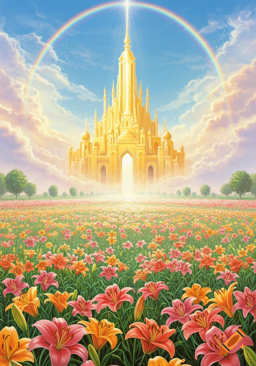 A majestic golden castle floats above a vibrant field of pink and orange lilies under a rainbow in a serene, fantastical landscape.