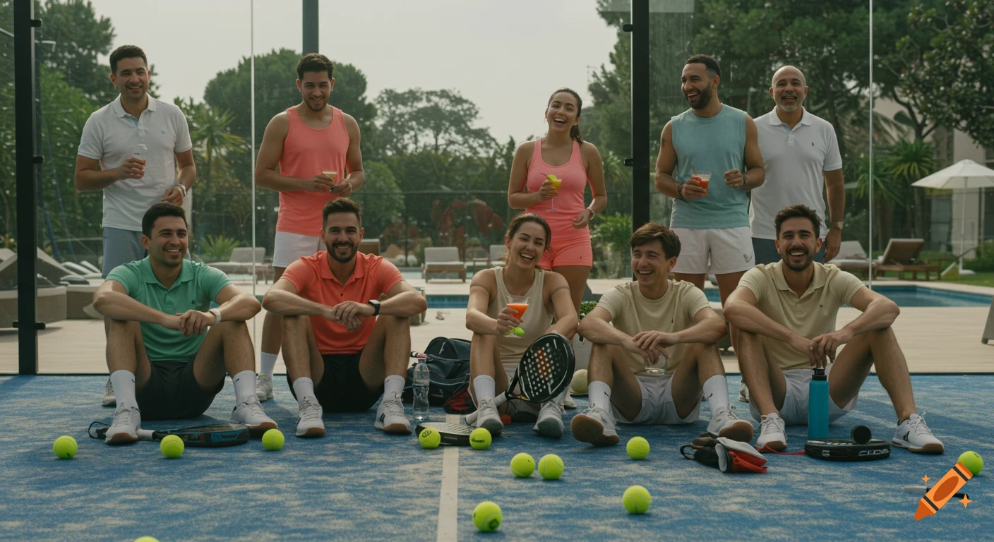 A group of diverse, smiling friends sit on an outdoor padel court with rackets and balls, relaxing after a game by a pool area in bright sunlight.