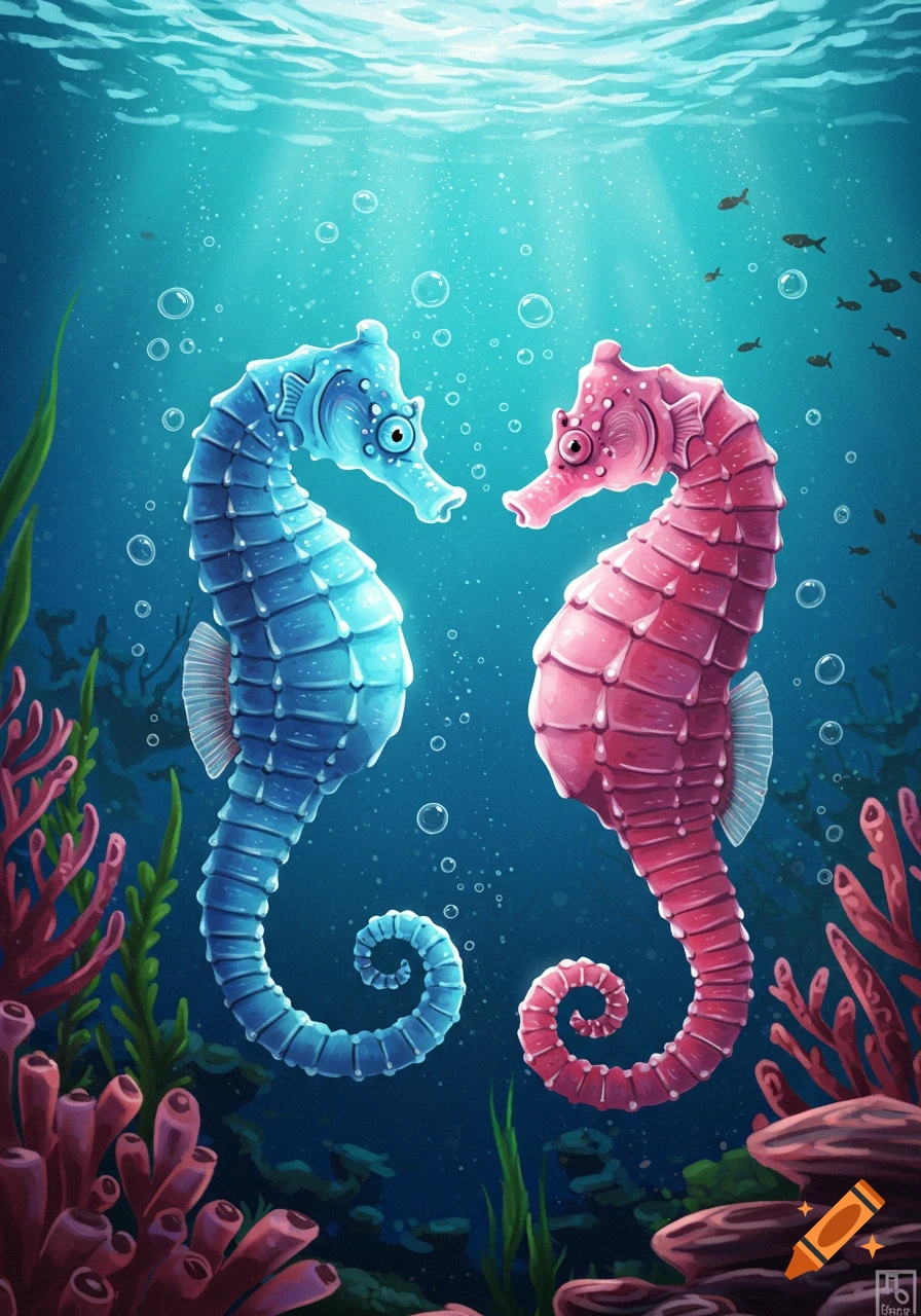 Two animated blue and pink seahorses face each other in a colorful underwater scene with coral and bubbles.