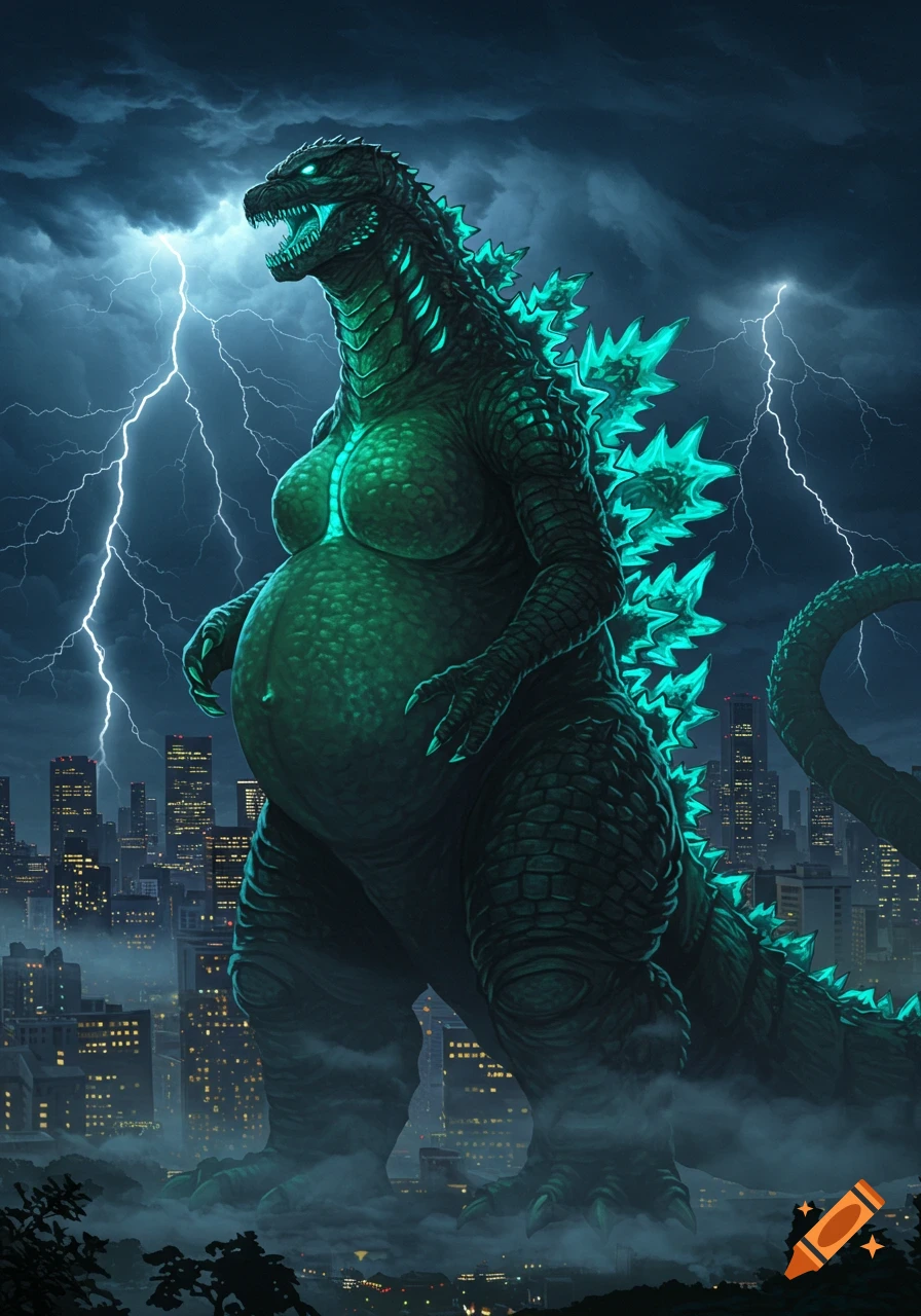 A massive, pregnant Godzilla with glowing green spines stands over a dark city during a lightning storm, digital art.