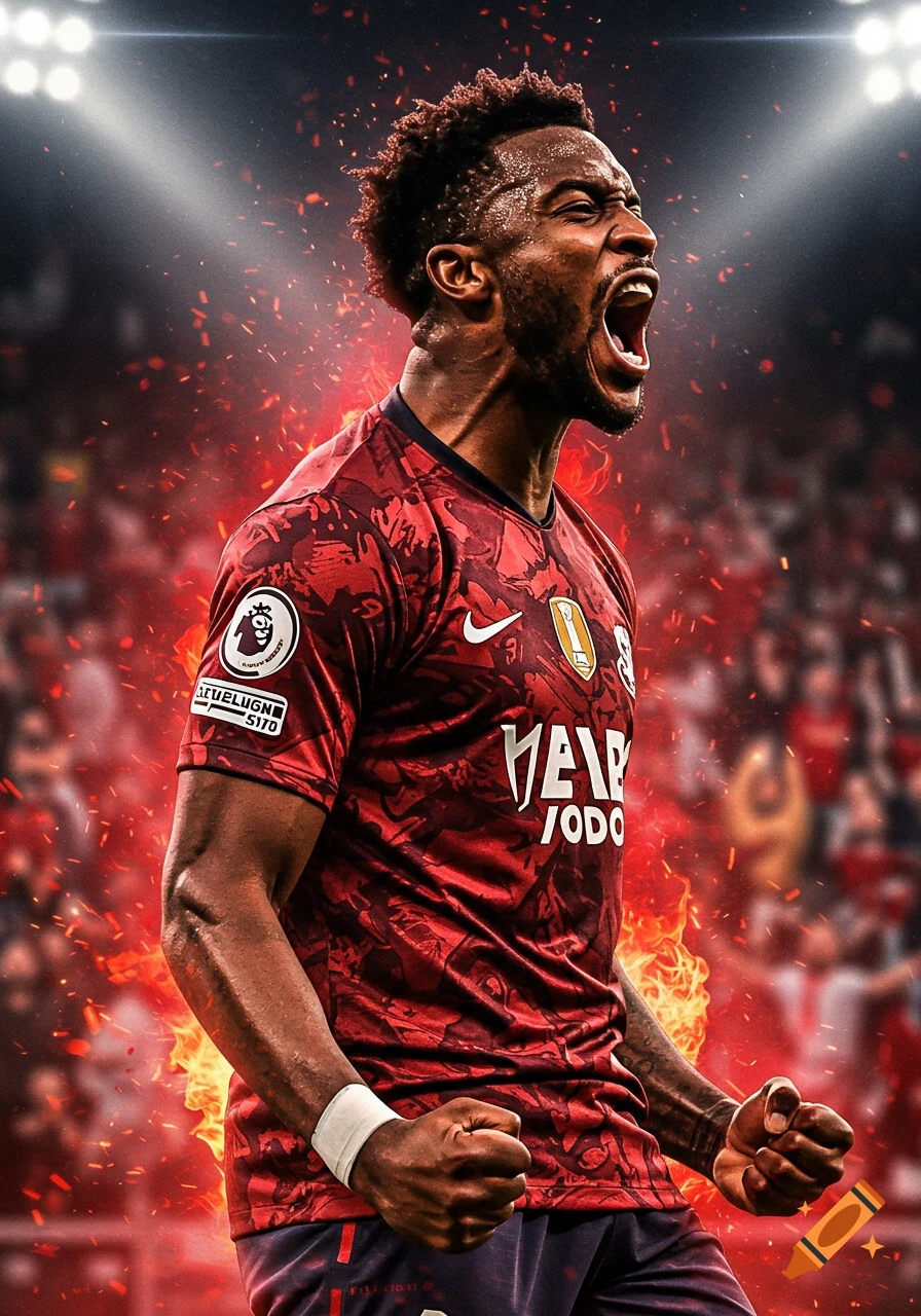 Energetic male soccer player in a red jersey screaming and clenching fists on a fiery stadium background.