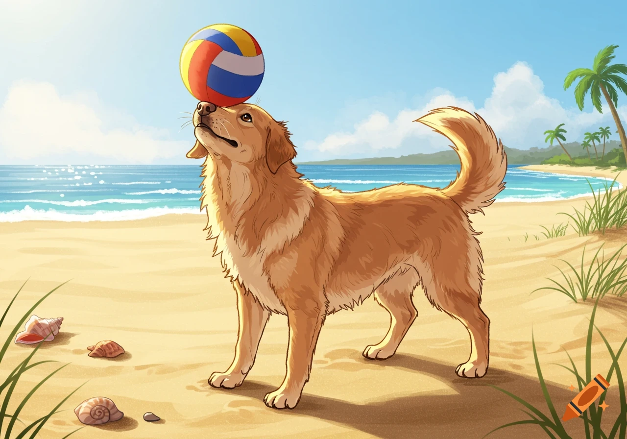 A golden retriever dog balances a colorful volleyball on its nose at a sunny beach with ocean waves and palm trees, in an illustration style.