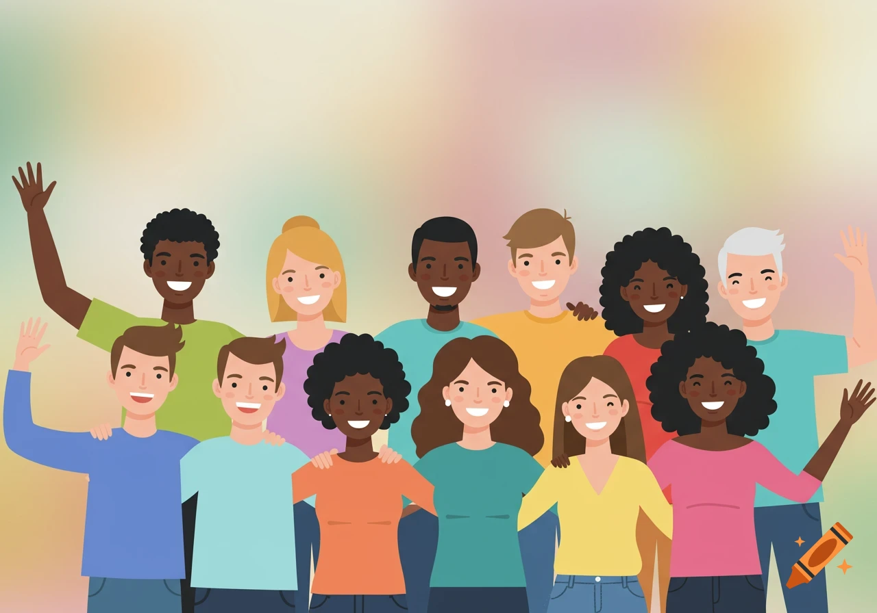 A colorful flat illustration of a diverse group of happy people smiling and waving, with a soft pastel background.