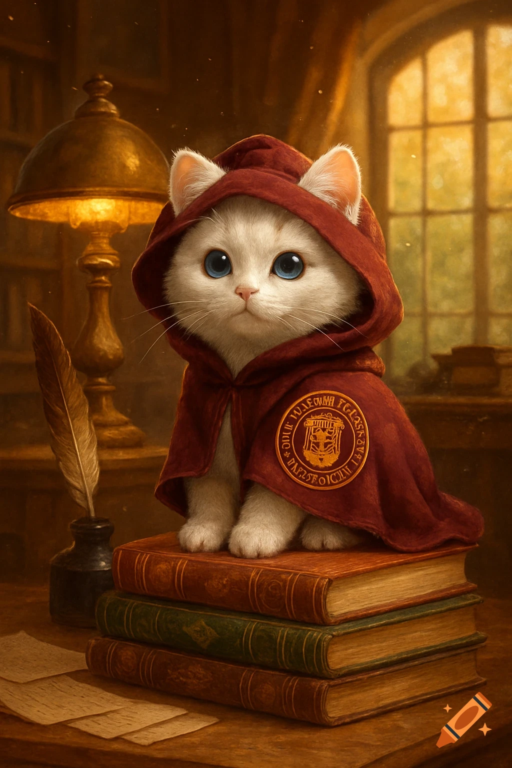 A fluffy white cat in a red hooded cloak with a gold emblem sits on a stack of books in a warm, cozy study.