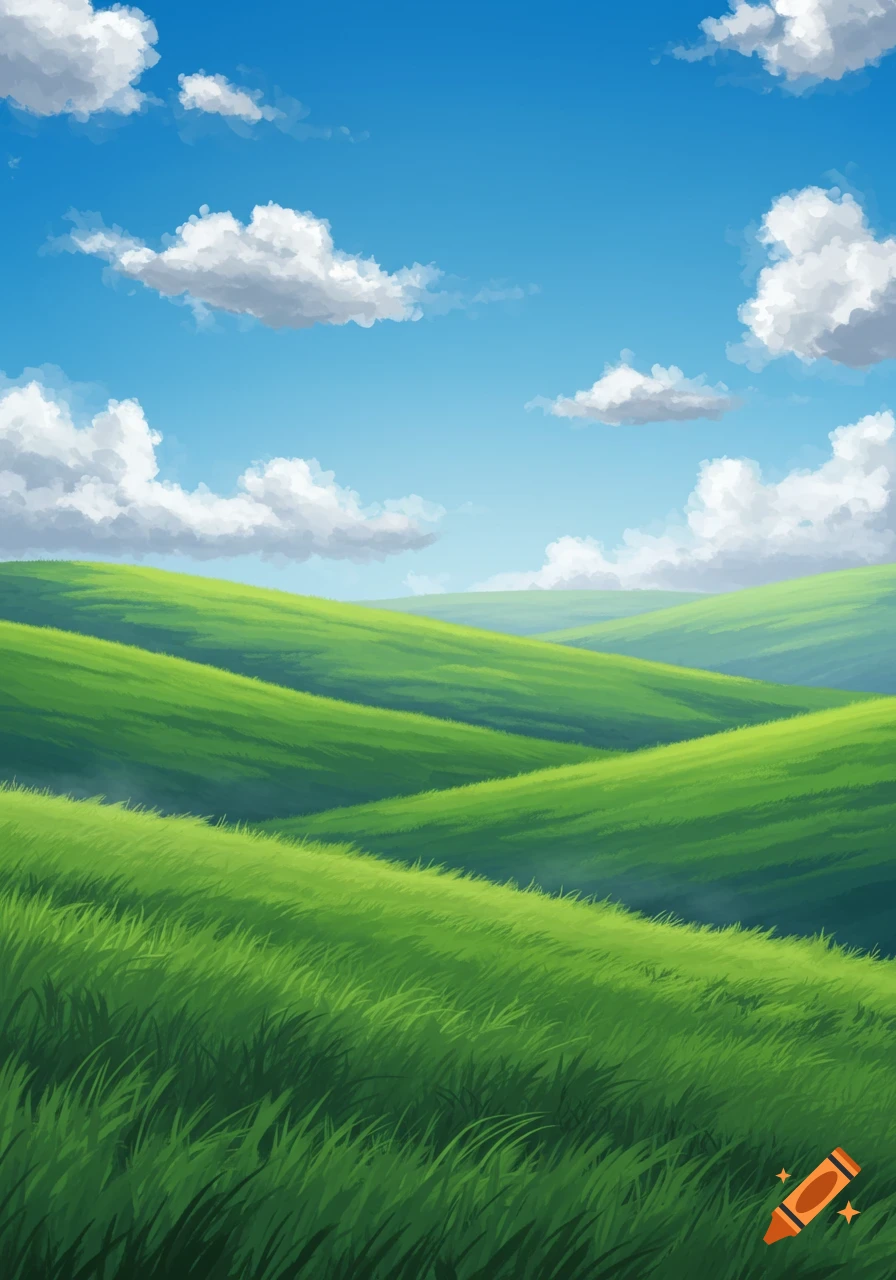 Illustrative landscape of rolling green hills under a bright blue sky with fluffy white clouds.