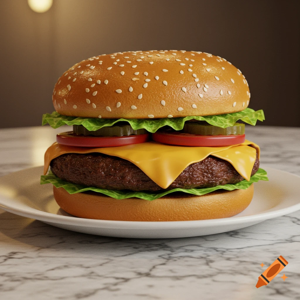 A photorealistic cheeseburger with lettuce, tomato, pickles, and melted cheese on a white plate on a marble table.