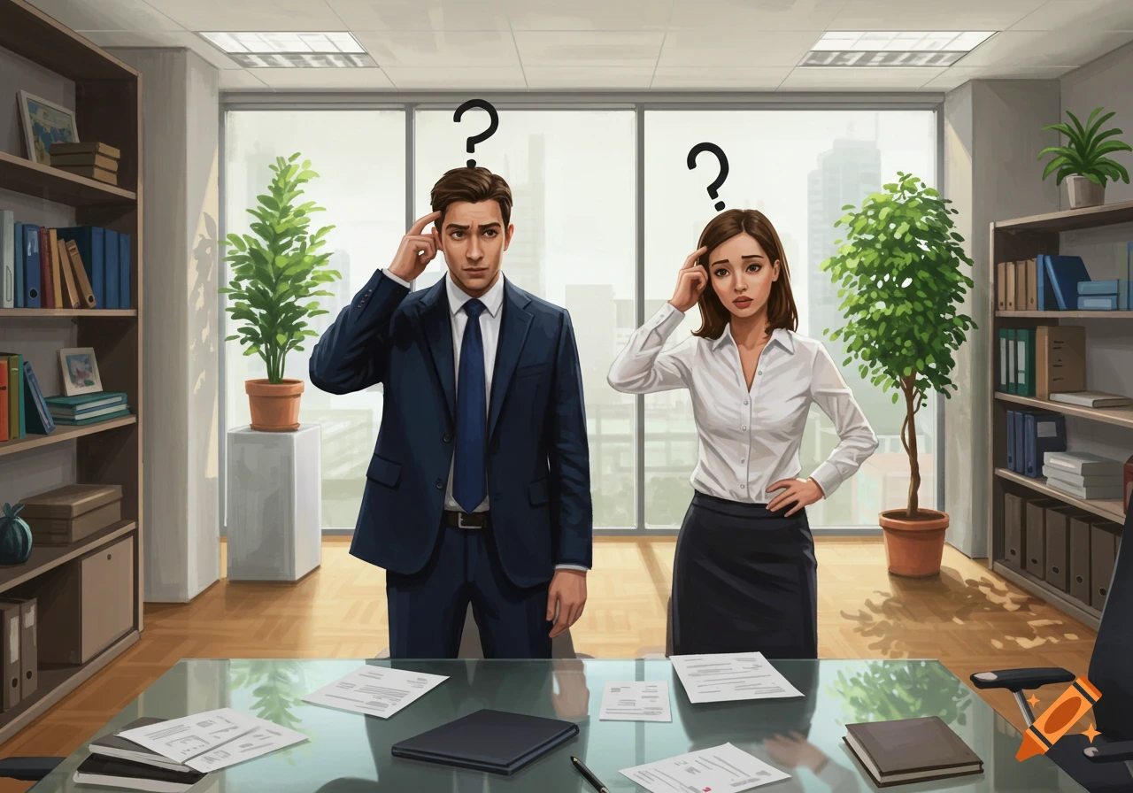 An illustration of a man and a woman in business attire standing in an office, both looking confused with question marks above their heads.