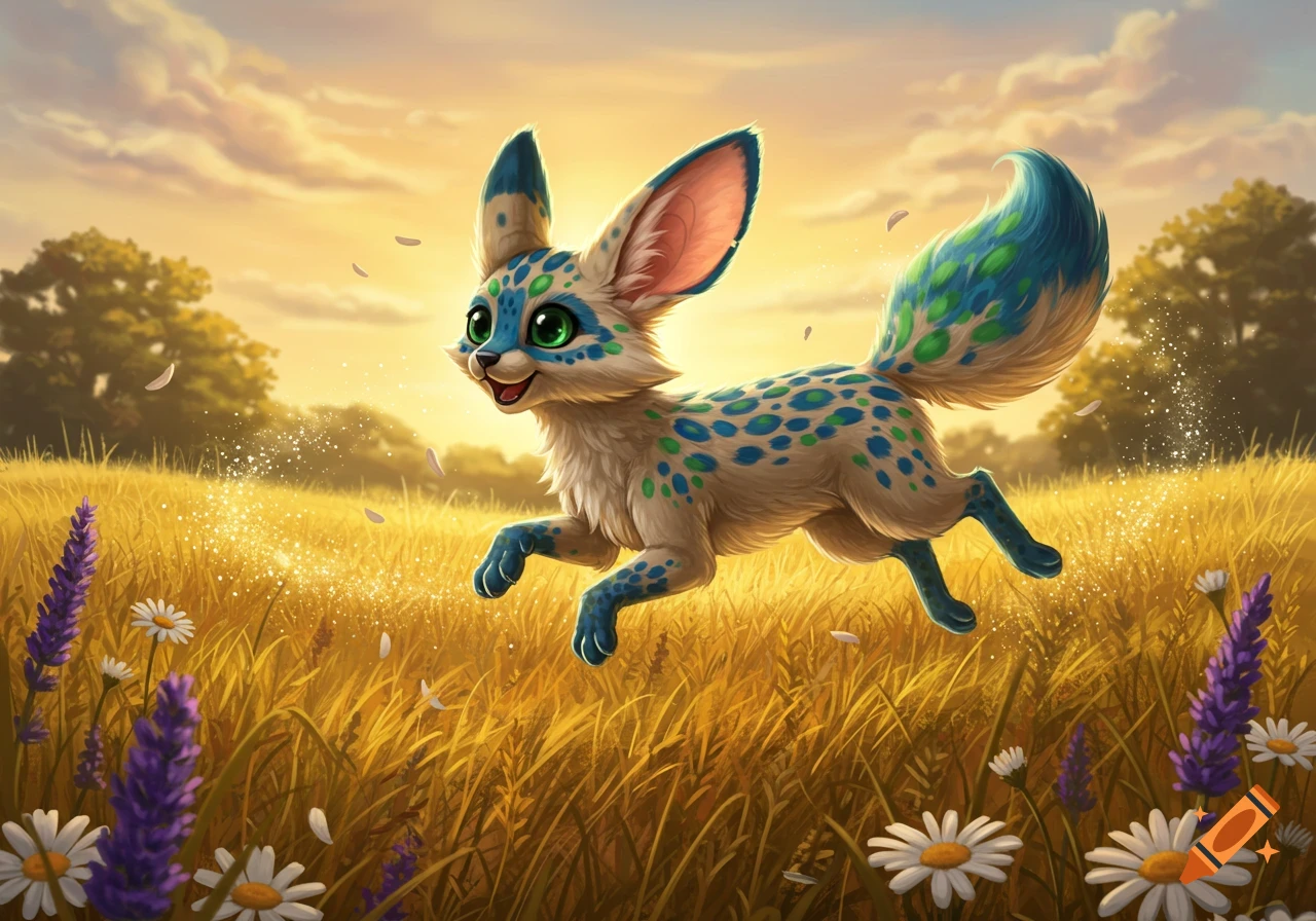 A cute, stylized spotted fennec fox-like creature jumps through a golden field of flowers at sunset.