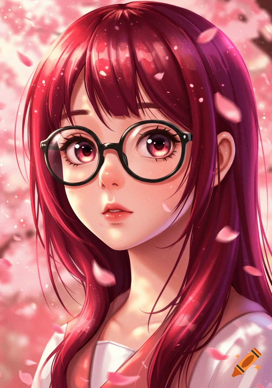 Anime illustration of a girl with dark red hair, big black eyeglasses, and red eyes, with cherry blossoms in the background.