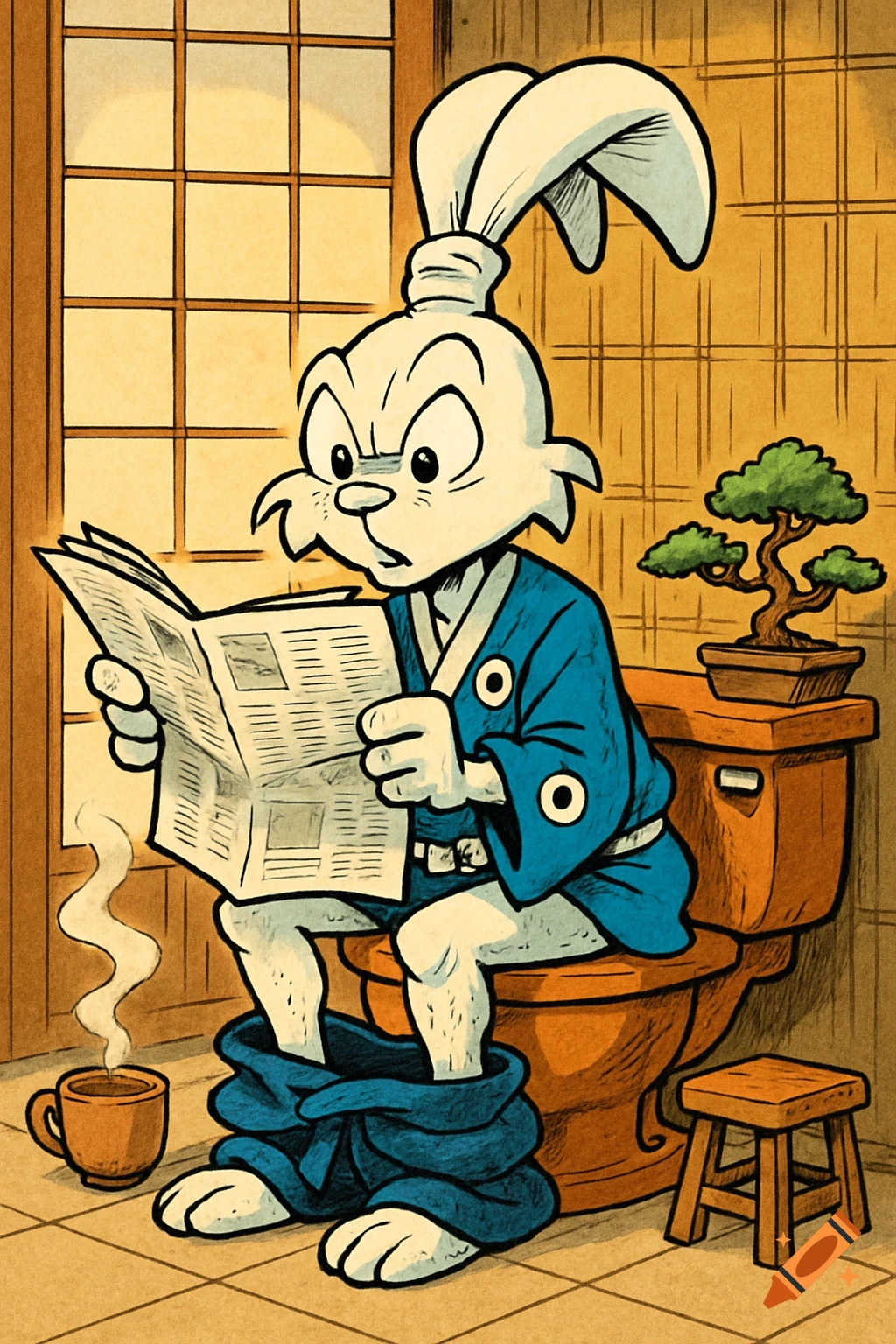 Cartoon samurai rabbit on a toilet, pants at ankles, reading a newspaper. A bonsai tree sits on the tank and a steaming cup on the floor.