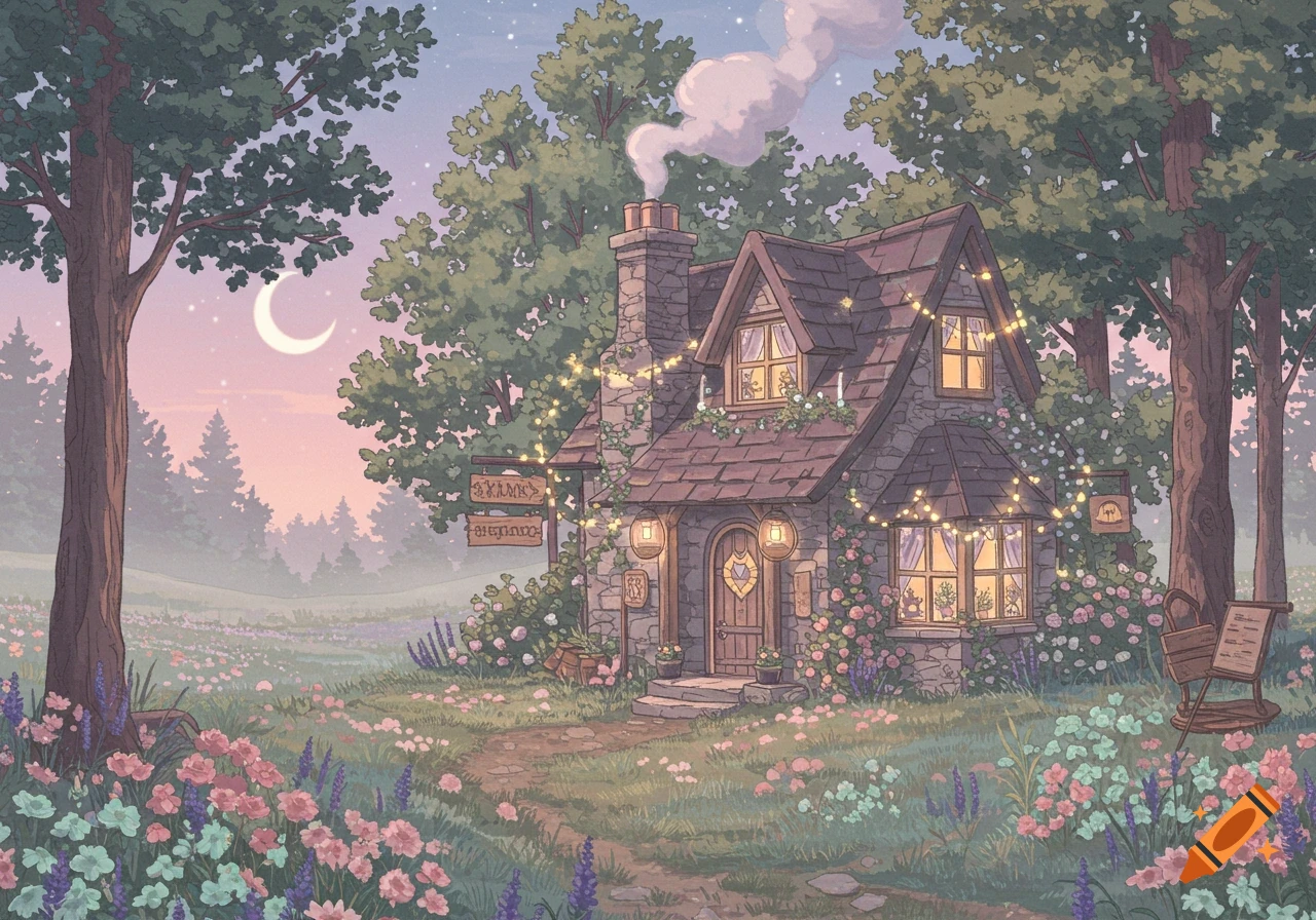 A whimsical stone cottage with glowing windows and string lights, surrounded by a vibrant field of pastel flowers under a soft twilight sky with a crescent moon.