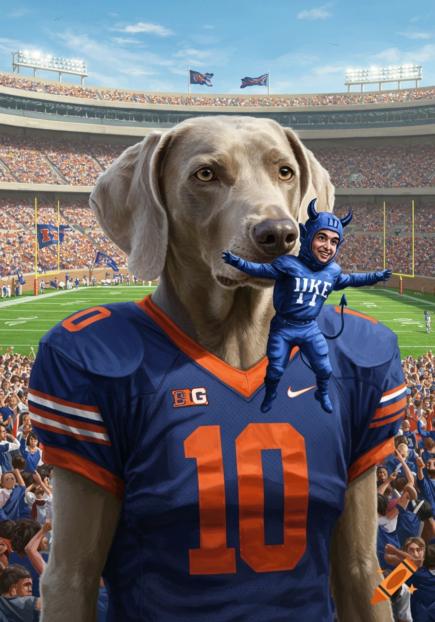 A giant Weimaraner wearing an Illinois football jersey with number 10 stands in a stadium. A small figure dressed as a Duke Blue Devil balances on its shoulder.
