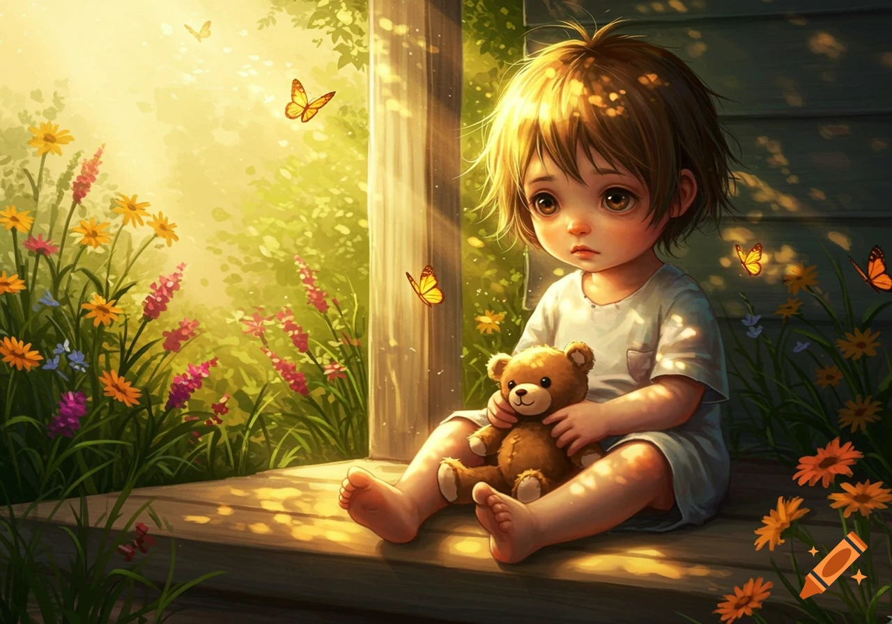 A wistful child with big eyes holds a teddy bear on a sunlit wooden porch surrounded by colorful flowers and butterflies, in a digital painting.
