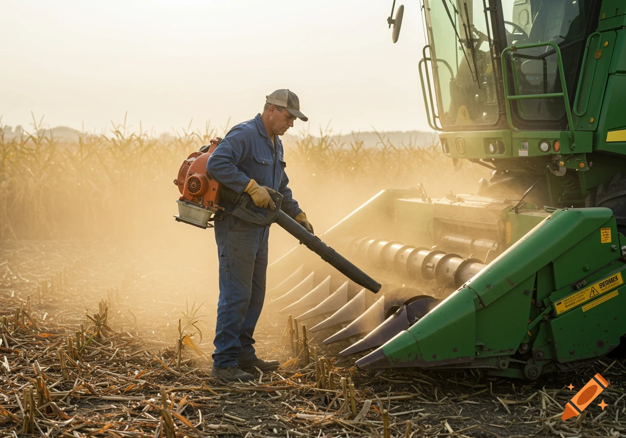 A man in blue coveralls uses a leaf blower to clean a large green combine harvester in a dusty field at sunset.