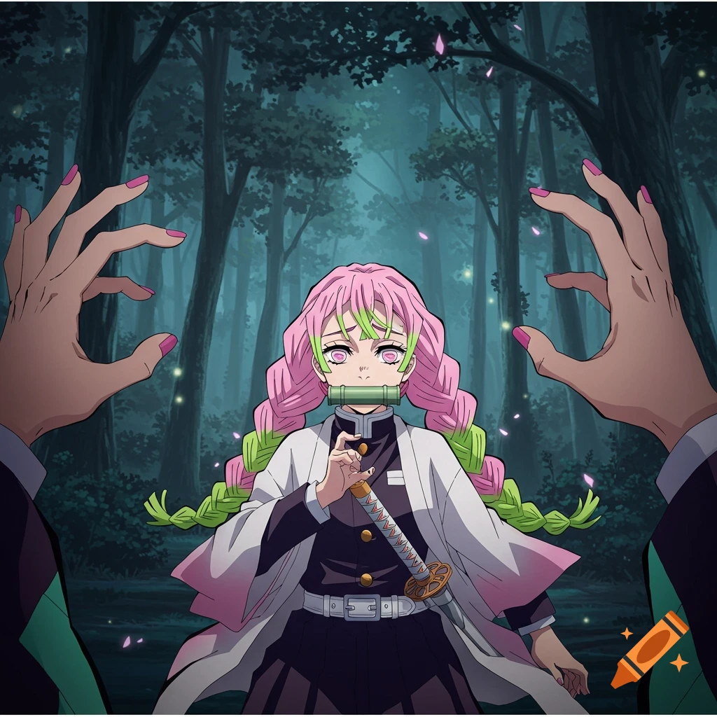 An anime character, Mitsuri, with pink and green braided hair, a bamboo muzzle, and a katana, stands in a dark forest. Two large hands with pink nail polish frame her in a first-person perspective.