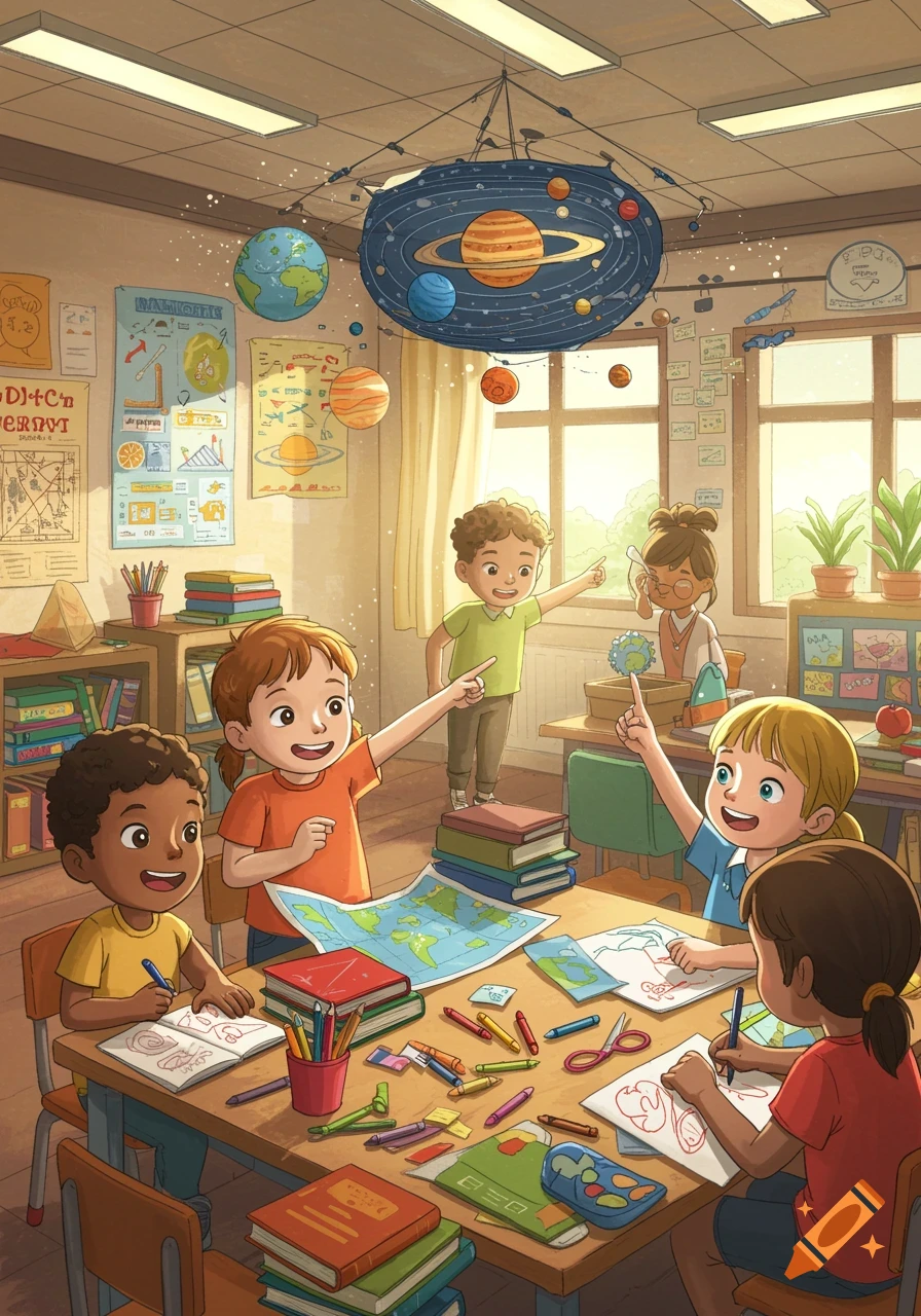 A cheerful illustration of diverse children in a classroom, learning about planets and maps, surrounded by colorful school supplies and decorations.