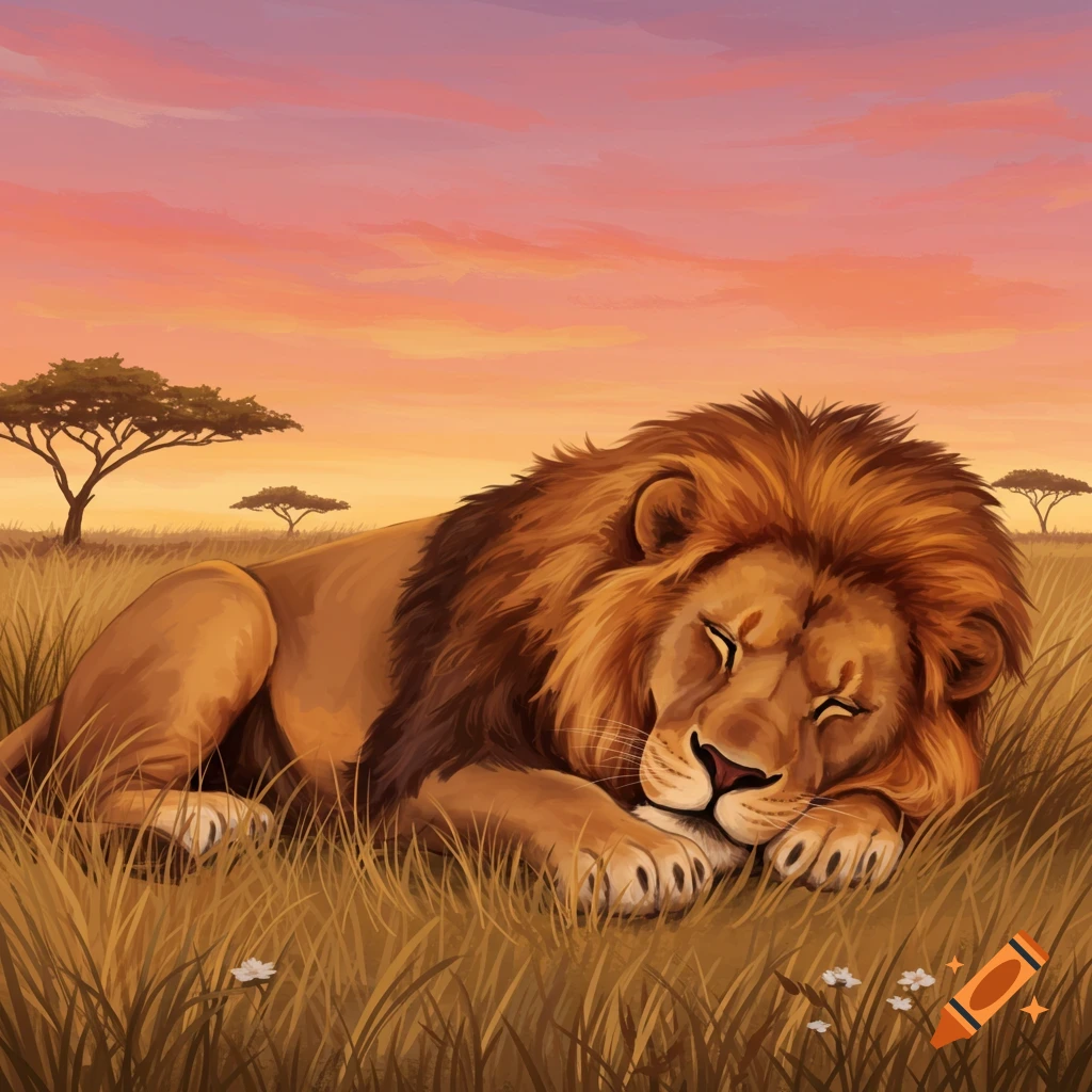 An illustration of a large lion sleeping peacefully in a grassy savanna at sunset.