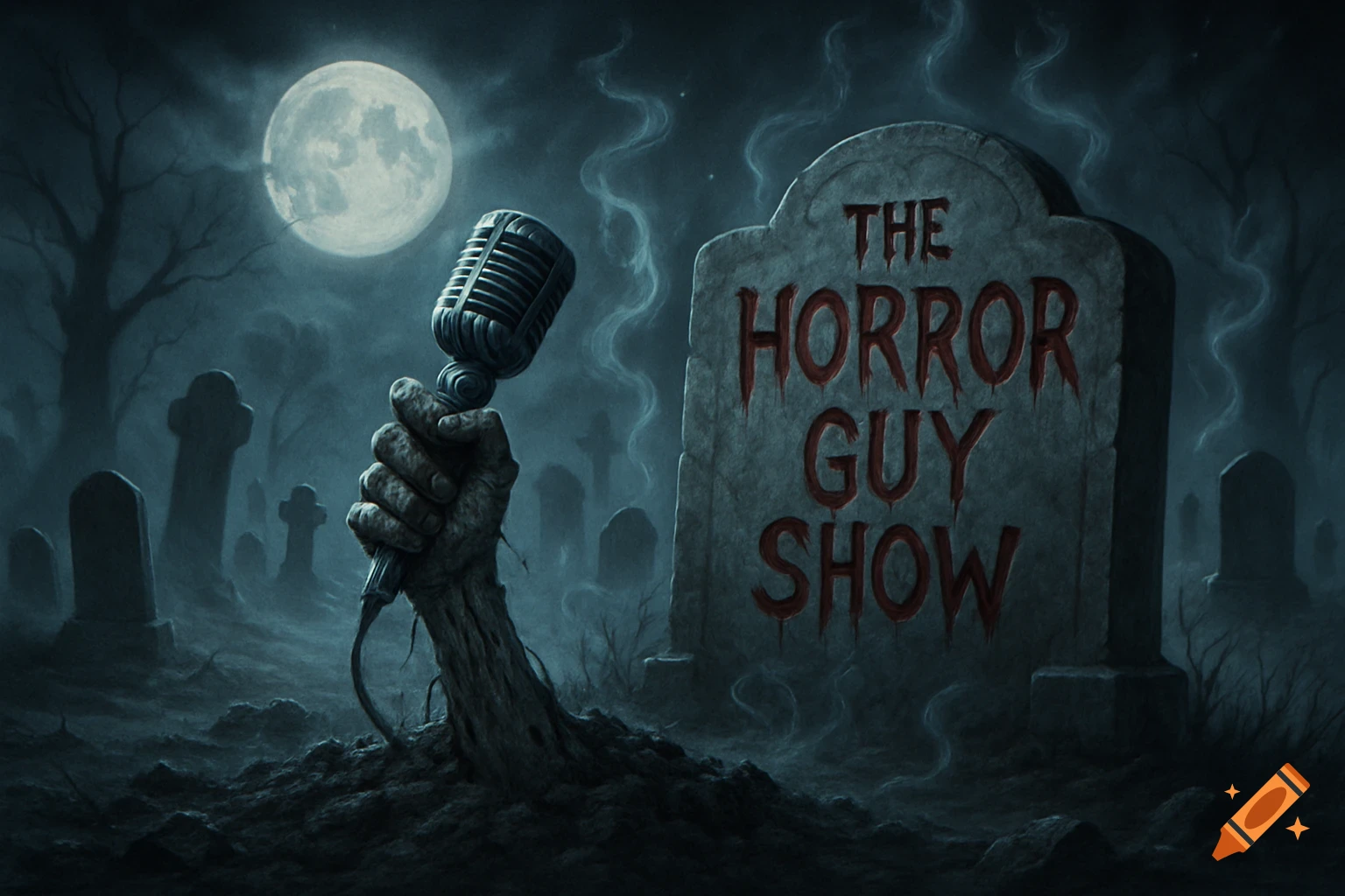 A zombie hand bursts from a grave in a moonlit cemetery, holding a vintage microphone. A gravestone reads "THE HORROR GUY SHOW".