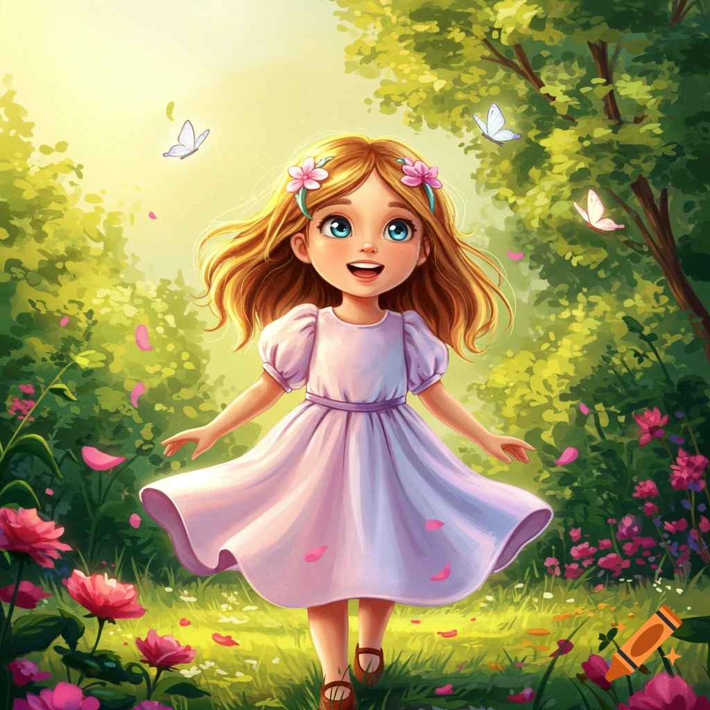 A happy cartoon girl with blonde hair in a pink dress smiles while walking through a sunlit forest with pink flowers and butterflies.