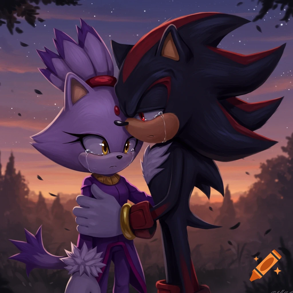 Blaze the Cat and Shadow the Hedgehog, both crying, hug under a twilight sky with trees.