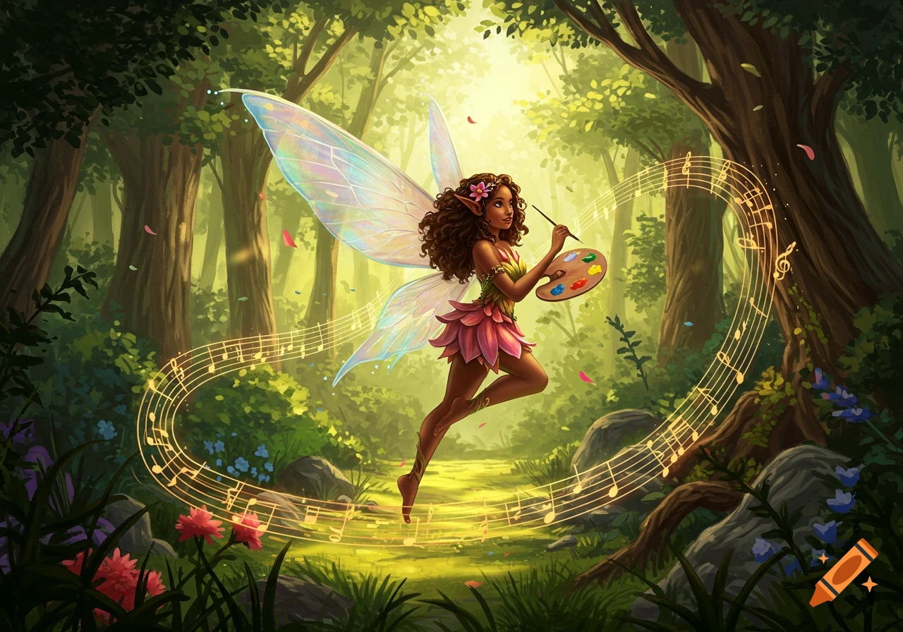 A vibrant fantasy illustration of a brown-skinned fairy with iridescent wings painting amidst glowing musical notes in a sunlit forest.