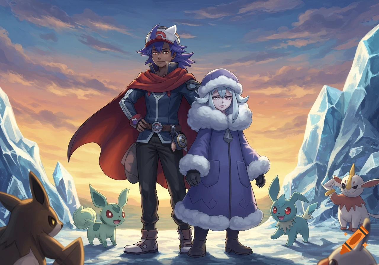 Anime trainers Leon and Grusha with various Pokémon stand on a snowy, icy plain at sunset.