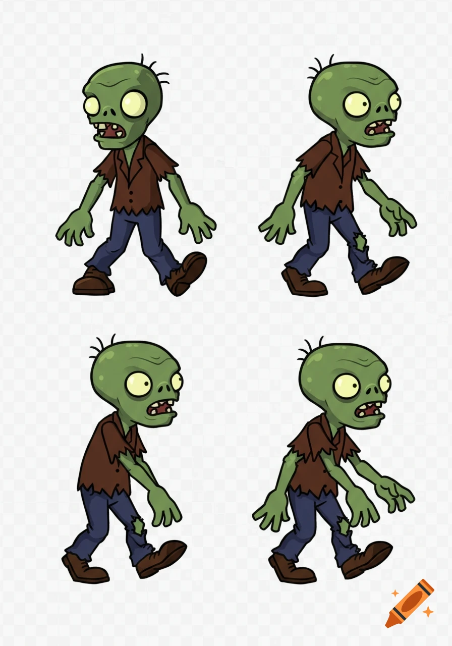 Four green cartoon zombie walking animation frames in Plants vs. Zombies style, with torn clothes, on a transparent background.
