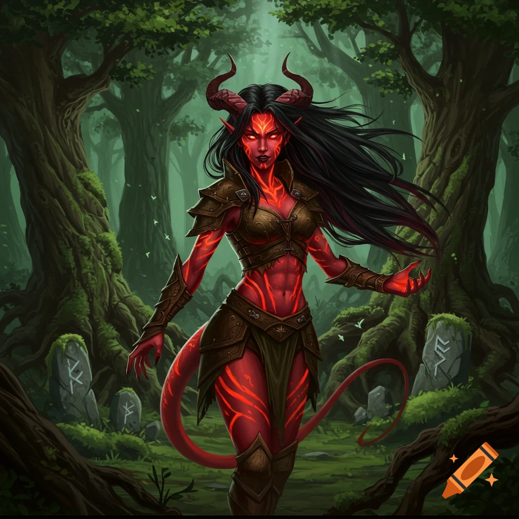 A female tiefling druid with red skin and glowing markings, long black hair, and brown leather armor stands in a mystical, mossy forest with rune-carved stones. Digital art.
