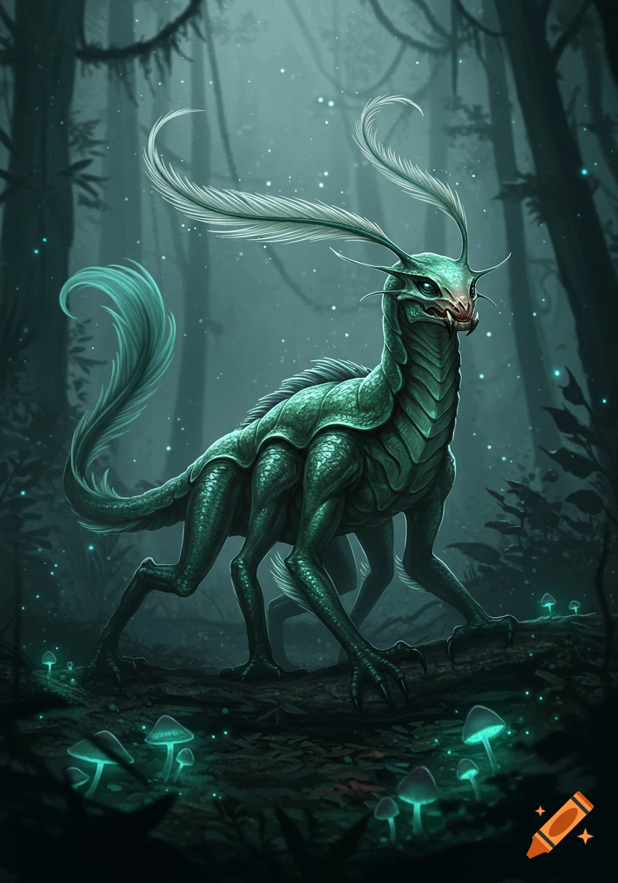 A hexapedal axhound, a green scaly creature with feather-like antennae and tail, stands in a mystical, dark forest with glowing mushrooms.