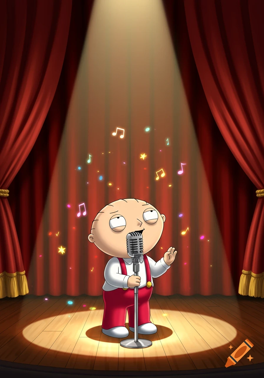 Stewie Griffin from Family Guy sings into a microphone on a spotlight-lit stage with red curtains, surrounded by musical notes and stars.