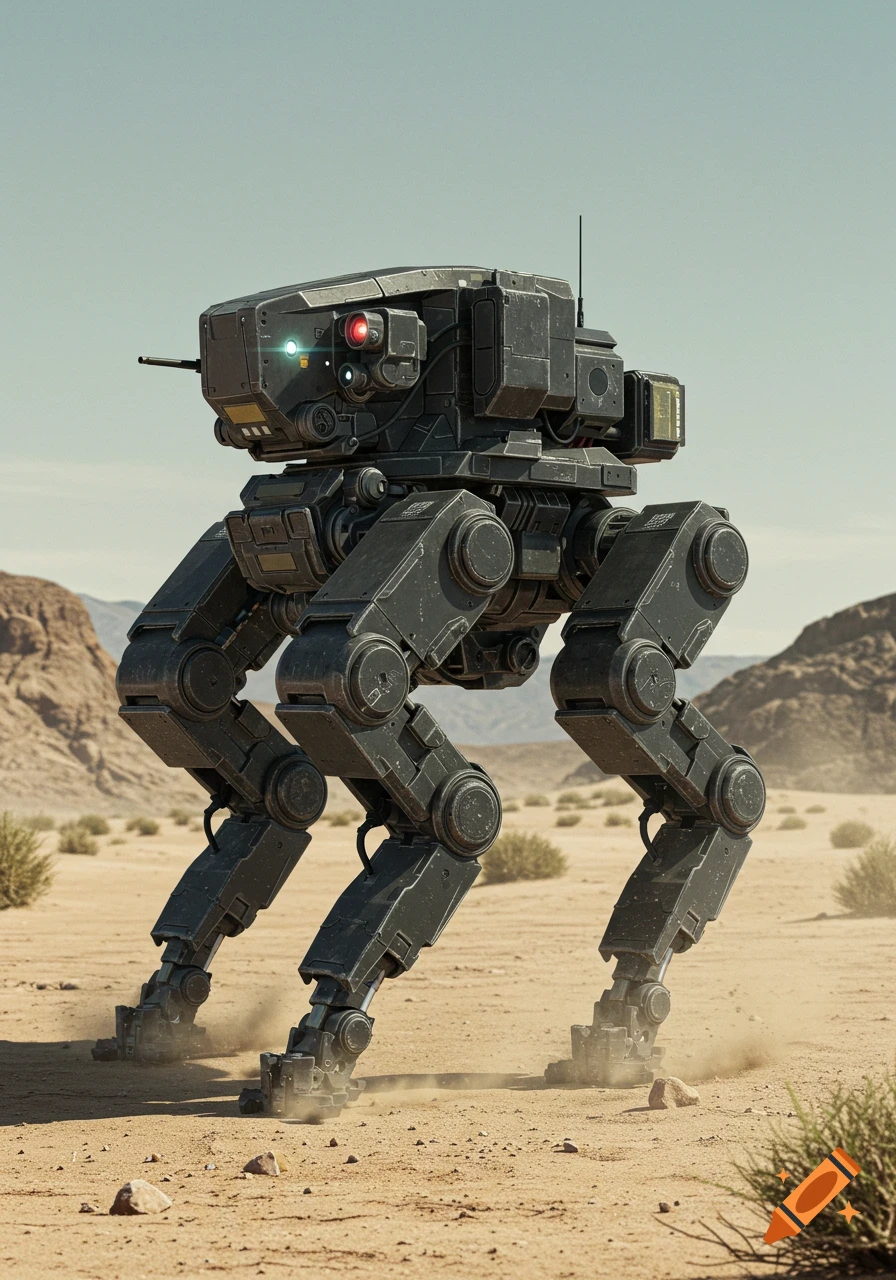 A photorealistic image of a dark gray quadrupedal military robot standing in a sandy desert landscape with sparse brush and mountains in the background.