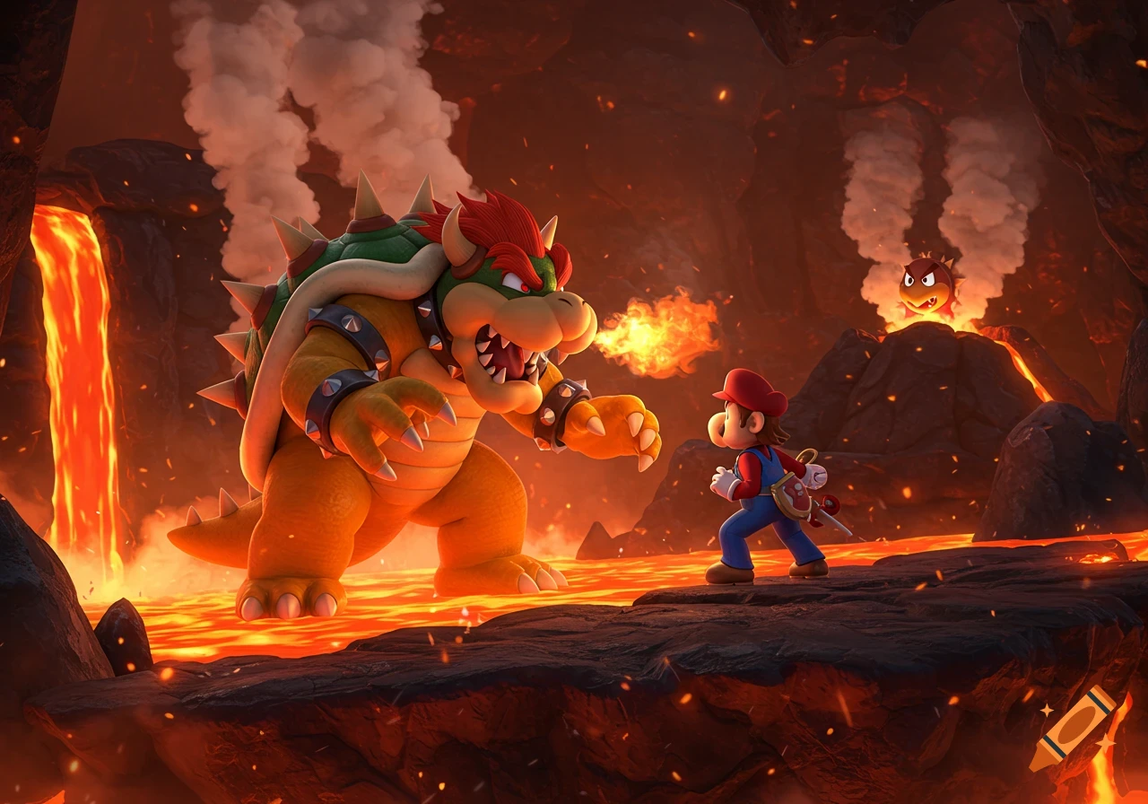 Bowser breathes fire at Mario in a dramatic battle scene set in a vibrant, lava-filled cave. Digital art style.