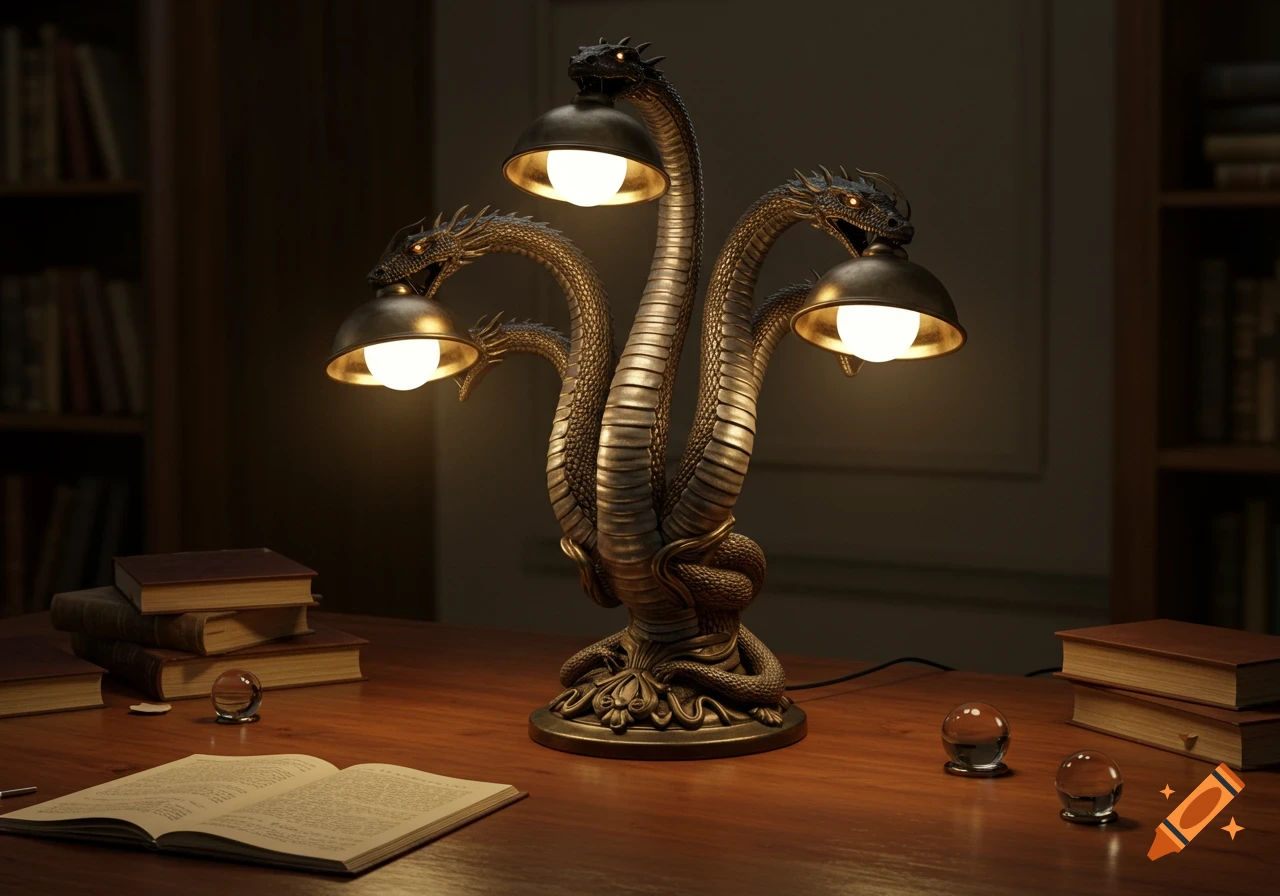 A detailed bronze hydra-shaped desk lamp illuminates a dark wooden desk with open books and crystal balls in a library setting.