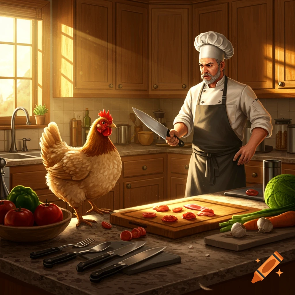 A chef with a knife faces a chicken on a sunlit kitchen counter with vegetables, in a realistic illustrative style.