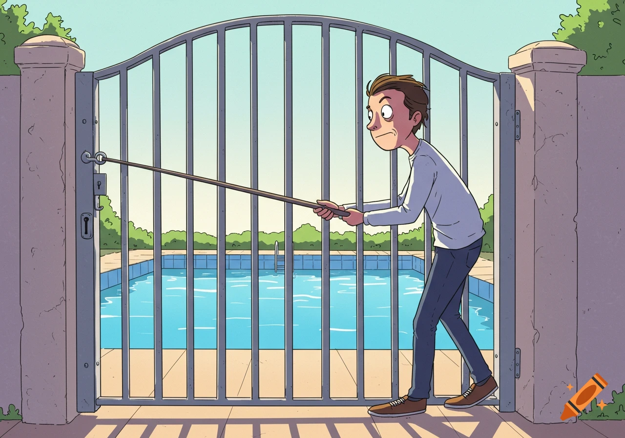 A cartoon man uses a long stick to try and unlatch a locked iron gate in front of a swimming pool.