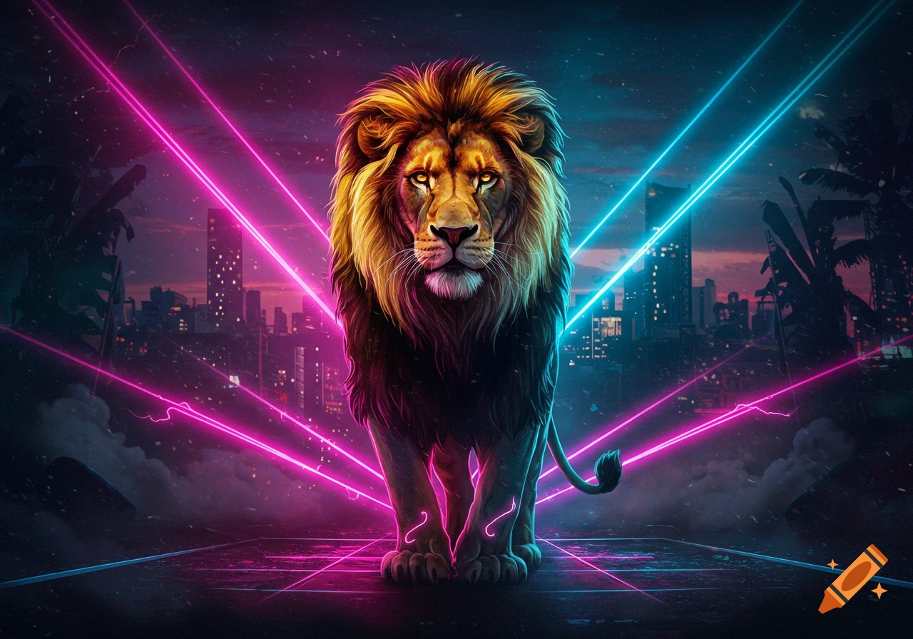 A majestic lion with glowing eyes and mane stands in a dark, futuristic city, illuminated by bright pink and blue neon lights.